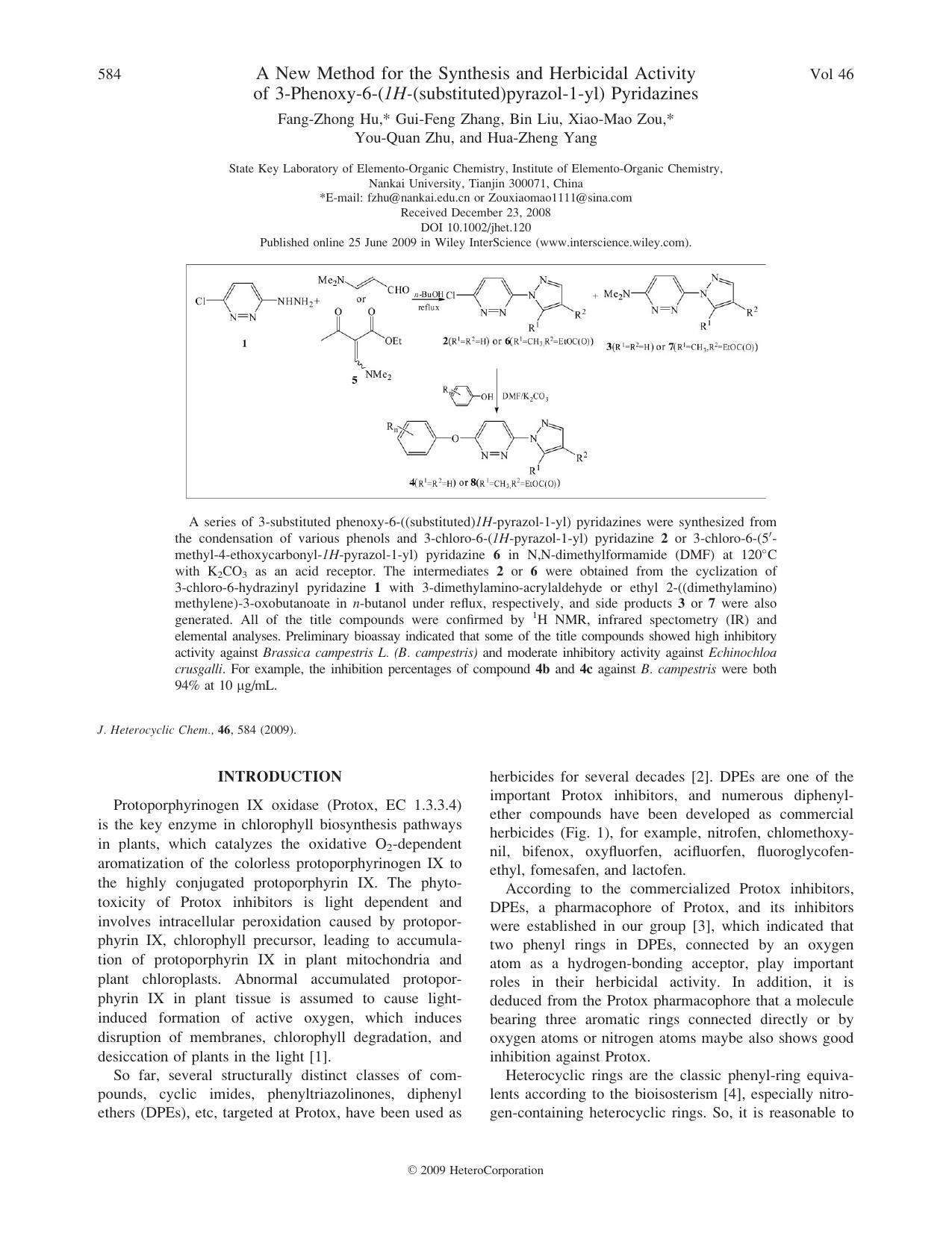 A new method for the synthesis and herbicidal activity of 3-phenoxy-6-(1H-(substituted)pyrazol-1-yl) pyridazines by Unknown