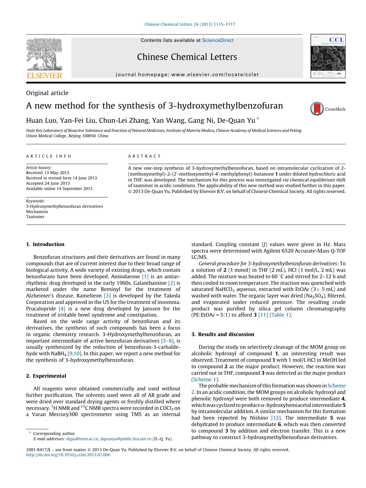 A new method for the synthesis of 3-hydroxymethylbenzofuran by Huan Luo & Yan-Fei Liu & Chun-Lei Zhang & Yan Wang & Gang Ni & De-Quan Yu