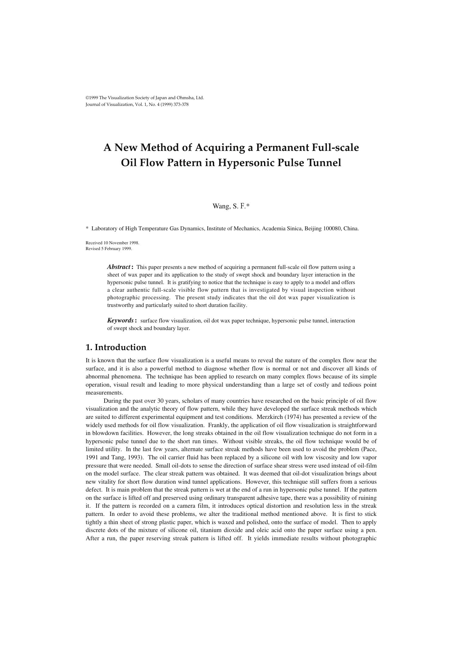 A new method of acquiring a permanent full-scale oil flow pattern in hypersonic pulse tunnel by Unknown