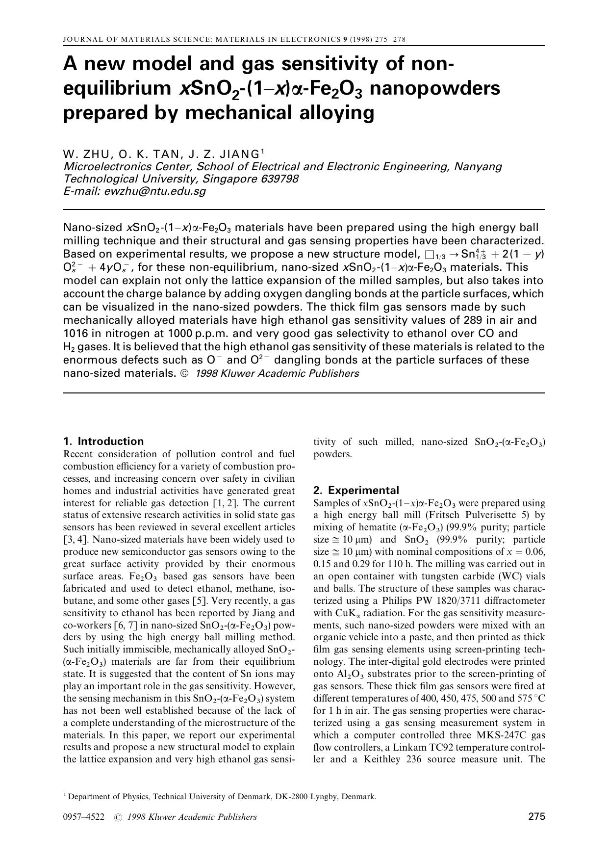 A new model and gas sensitivity of non-equilibrium xSnO2-(1&#x2013;x)&#x03B1;-Fe2O3 nanopowders prepared by mechanical alloying by Unknown