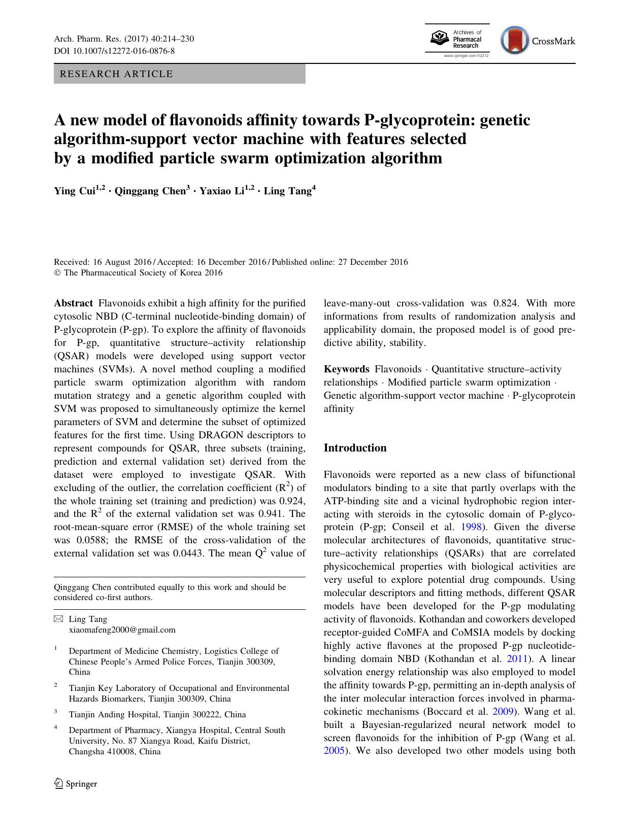 A new model of flavonoids affinity towards P-glycoprotein: genetic algorithm-support vector machine with features selected by a modified particle swarm optimization algorithm by Ying Cui & Qinggang Chen & Yaxiao Li & Ling Tang