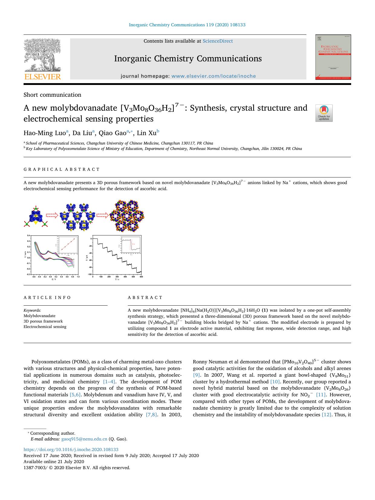 A new molybdovanadate [V3Mo8O36H2]7â_ Synthesis, crystal structure and electrochemical sensing properties by Hao-Ming Luo & Da Liu & Qiao Gao & Lin Xu