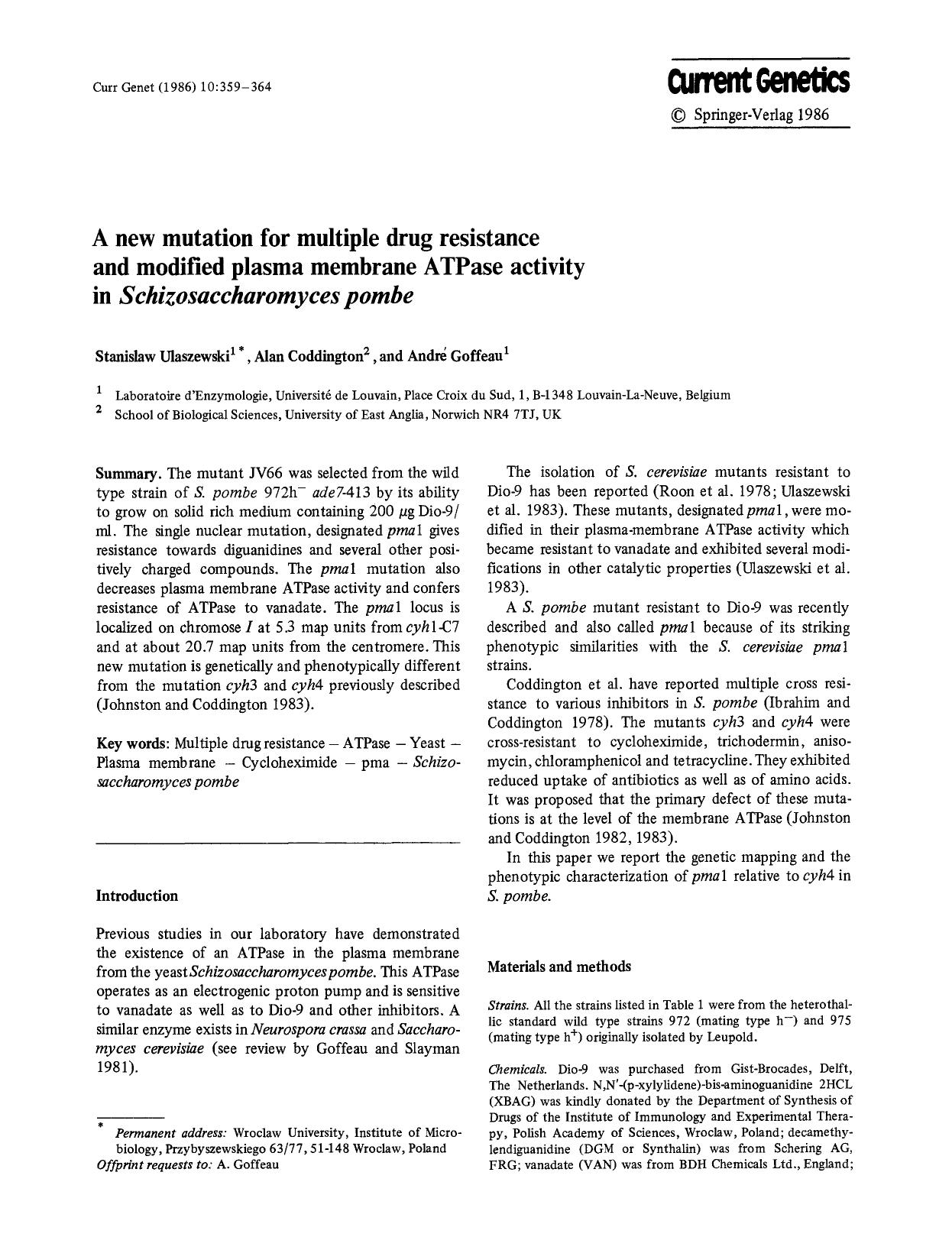 A new mutation for multiple drug resistance and modified plasma membrane ATPase activity in <Emphasis Type="Italic">Schizosaccharomyces pombe<Emphasis> by Unknown