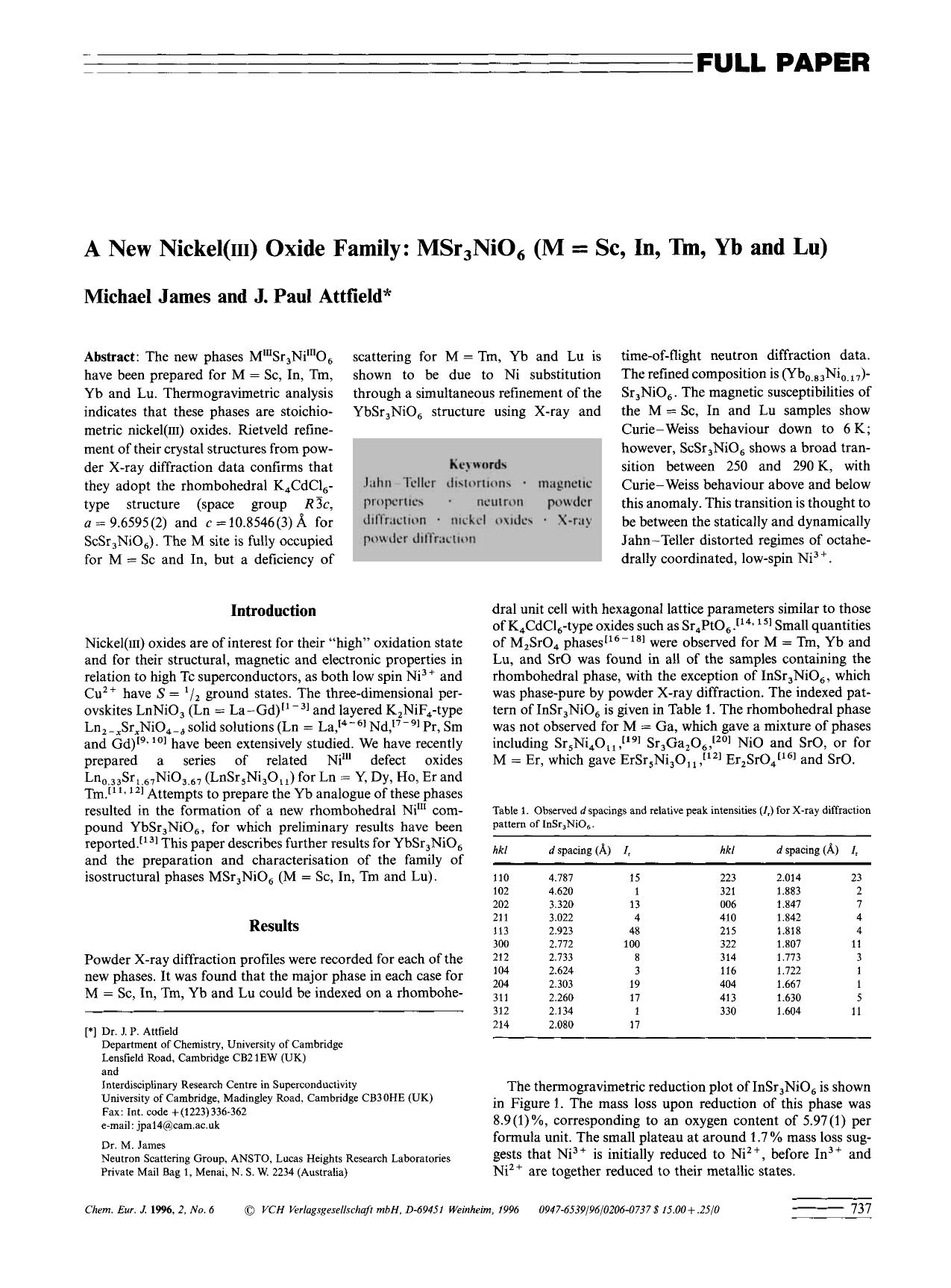 A new nickel(III) oxide family: MSr3NiO6 (M [equals] Sc, In, Tm, Yb and Lu) by Unknown