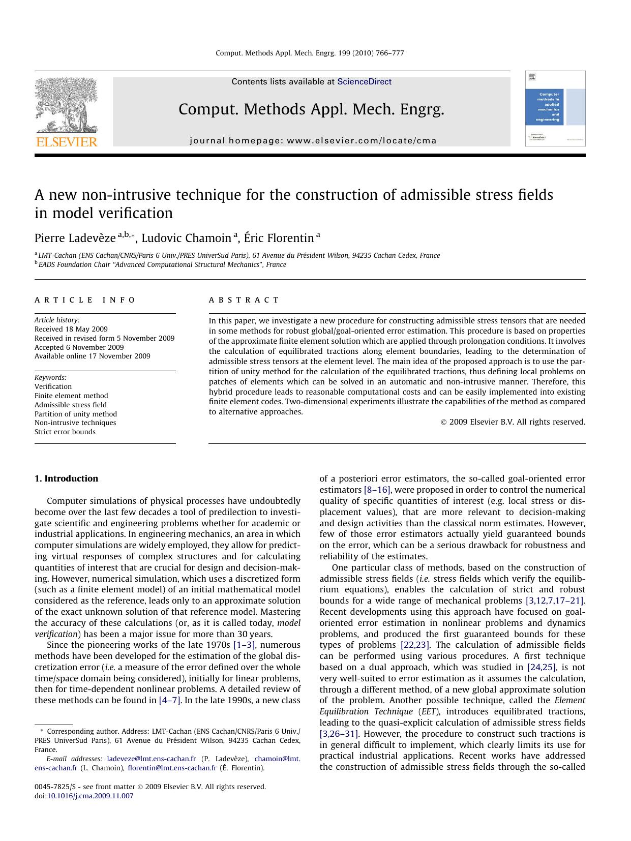 A new non-intrusive technique for the construction of admissible stress fields in model verification by Pierre Ladevèze; Ludovic Chamoin; Éric Florentin