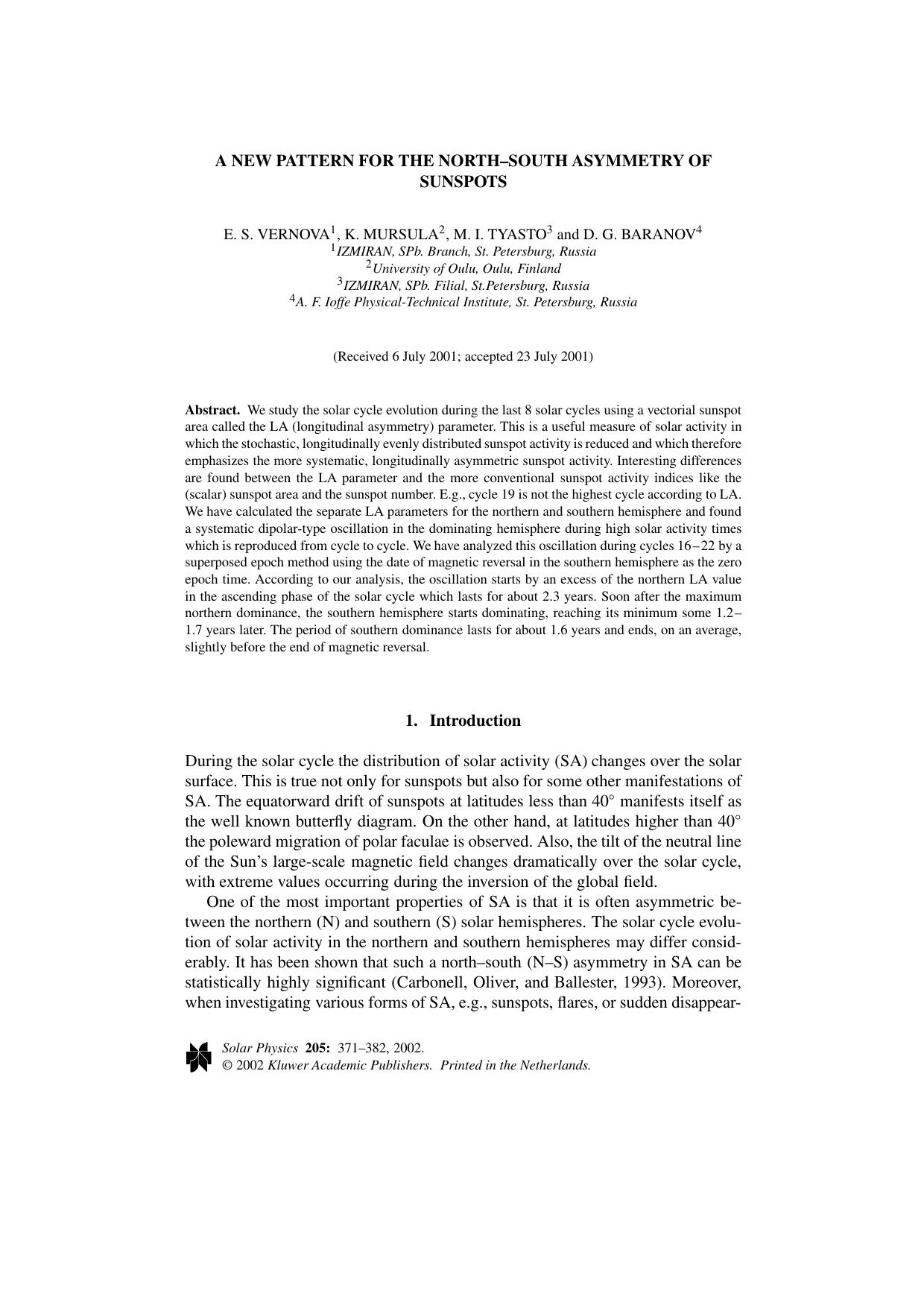 A new pattern for the north–south asymmetry of sunspots by Unknown