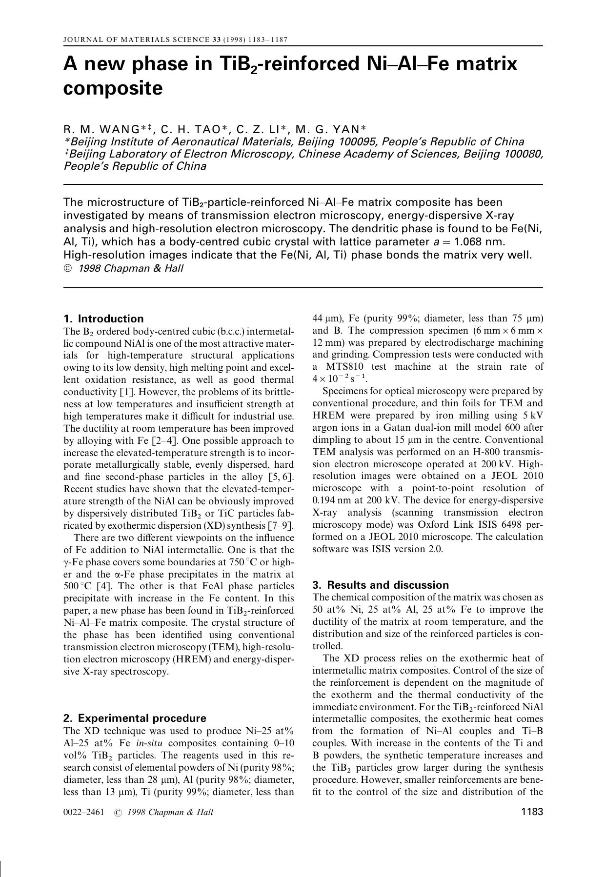 A new phase in TiB2 -reinforced Ni-Al-Fe matrix composite by R. M. WANG* t C.H.TAO* C.Z.LI* M.G.YAN*