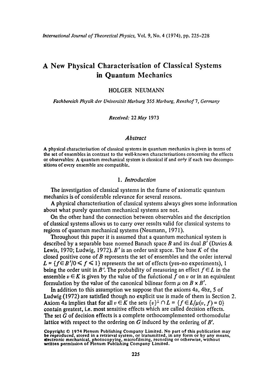 A new physical characterisation of classical systems in quantum mechanics by Unknown