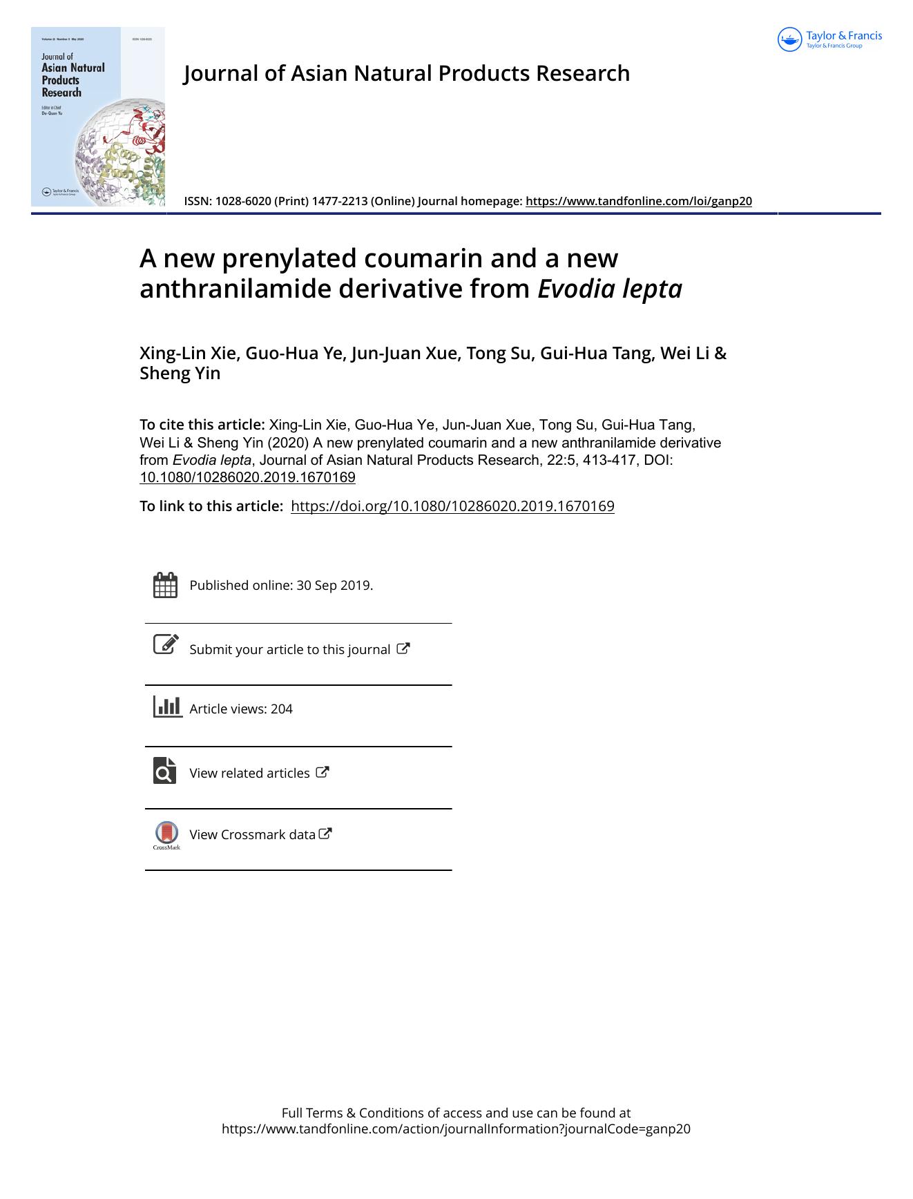 A new prenylated coumarin and a new anthranilamide derivative from Evodia lepta by Xie Xing-Lin & Ye Guo-Hua & Xue Jun-Juan & Su Tong & Tang Gui-Hua & Li Wei & Yin Sheng