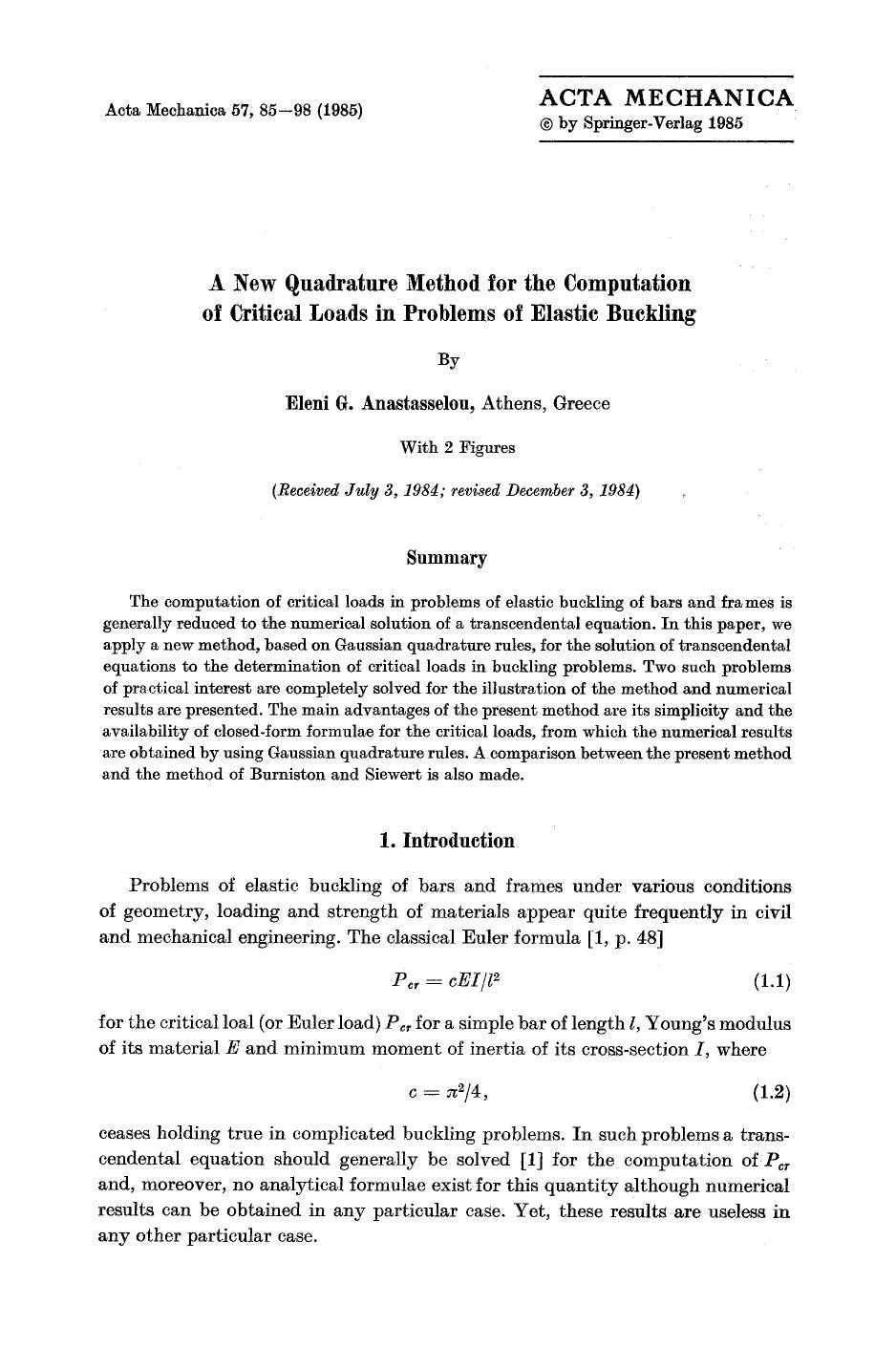A new quadrature method for the computation of critical loads in problems of elastic buckling by Unknown