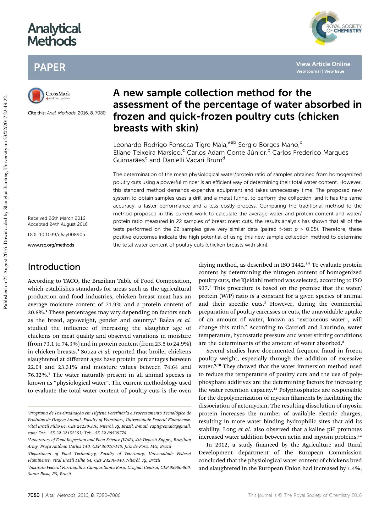 A new sample collection method for the assessment of the percentage of water absorbed in frozen and quick-frozen poultry cuts (chicken breasts with skin) by unknow