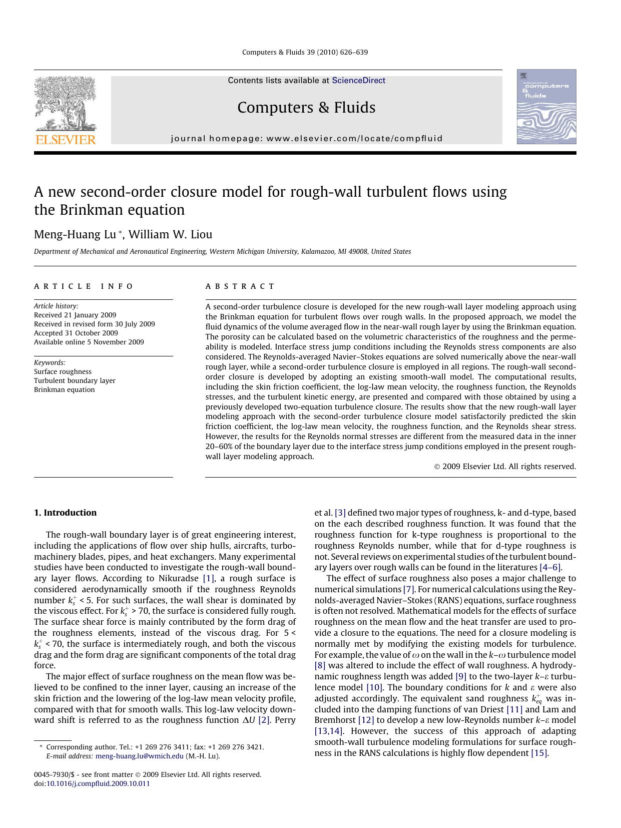 A new second-order closure model for rough-wall turbulent flows using the Brinkman equation by Meng-Huang Lu; William W. Liou