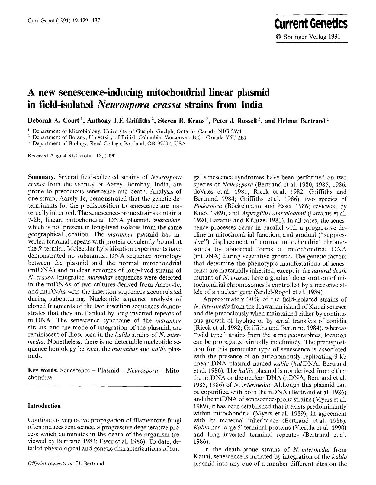 A new senescence-inducing mitochondrial linear plasmid in field-isolated <Emphasis Type="Italic">Neurospora crassa<Emphasis> strains from India by Unknown