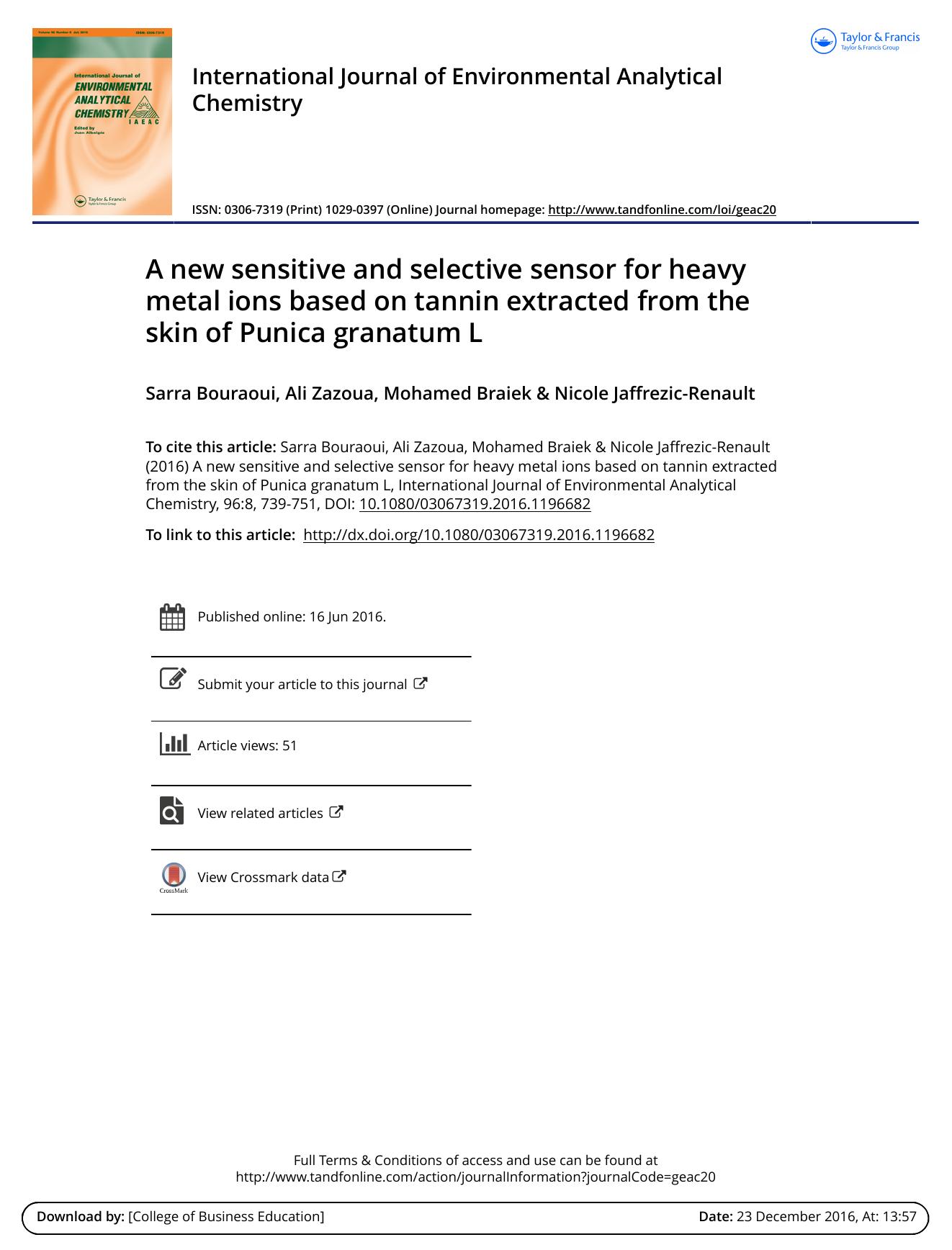 A new sensitive and selective sensor for heavy metal ions based on tannin extracted from the skin of Punica granatum L by Sarra Bouraoui & Ali Zazoua & Mohamed Braiek & Nicole Jaffrezic-Renault