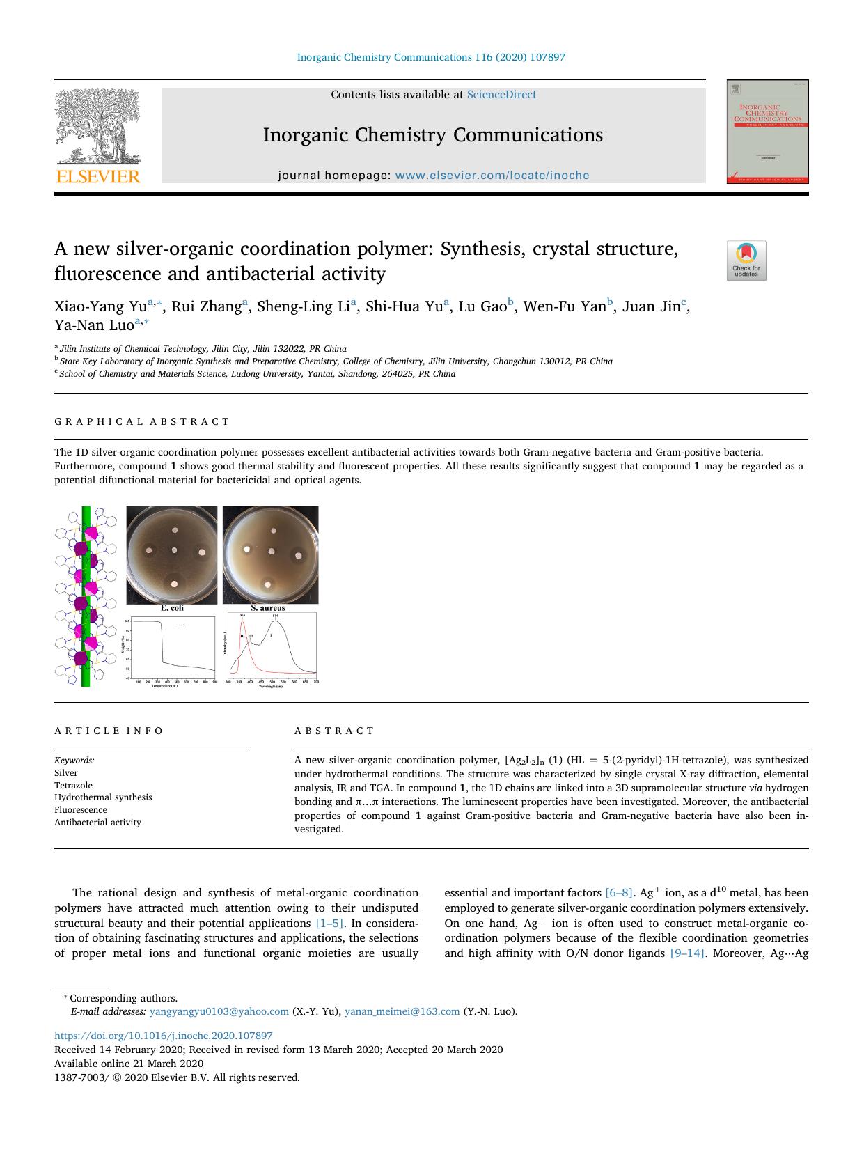 A new silver-organic coordination polymer_ Synthesis, crystal structure, fluorescence and antibacterial activity by Xiao-Yang Yu & Rui Zhang & Sheng-Ling Li & Shi-Hua Yu & Lu Gao & Wen-Fu Yan & Juan Jin & Ya-Nan Luo