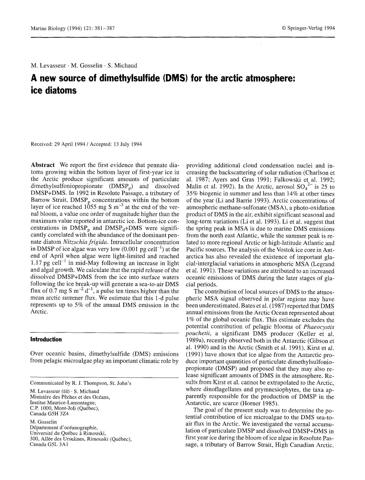 A new source of dimethylsulfide (DMS) for the arctic atmosphere: ice diatoms by Unknown