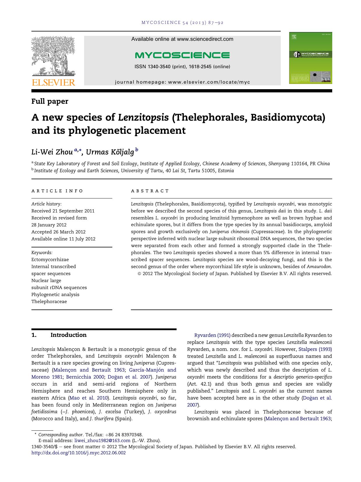 A new species of Lenzitopsis (Thelephorales, Basidiomycota) and its phylogenetic placement by Li-Wei Zhou & Urmas Kõljalg