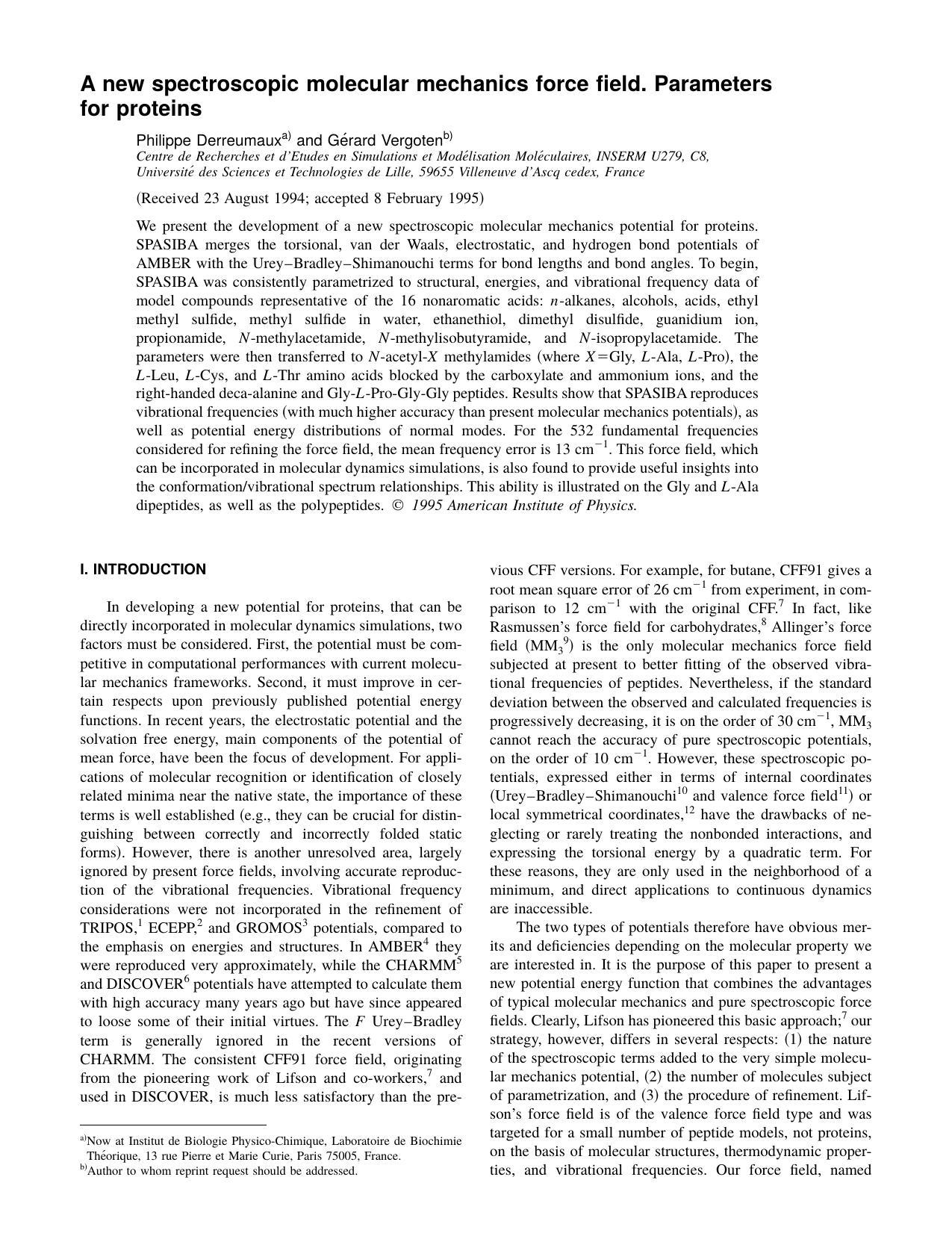 A new spectroscopc molecular mechanics force field. by Philippe Derreumaux and Gerard Vergoten