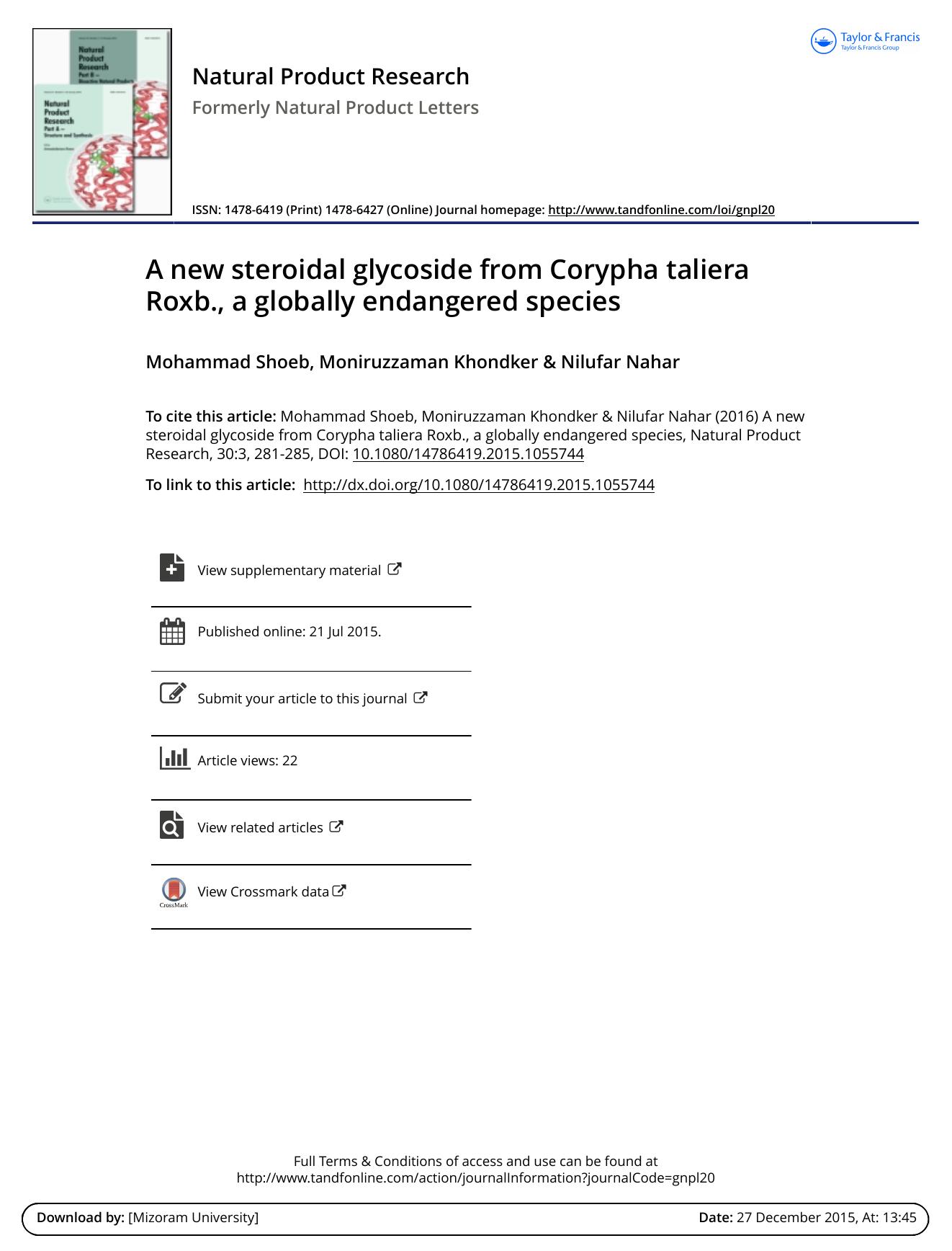 A new steroidal glycoside from Corypha taliera Roxb., a globally endangered species by Mohammad Shoeb