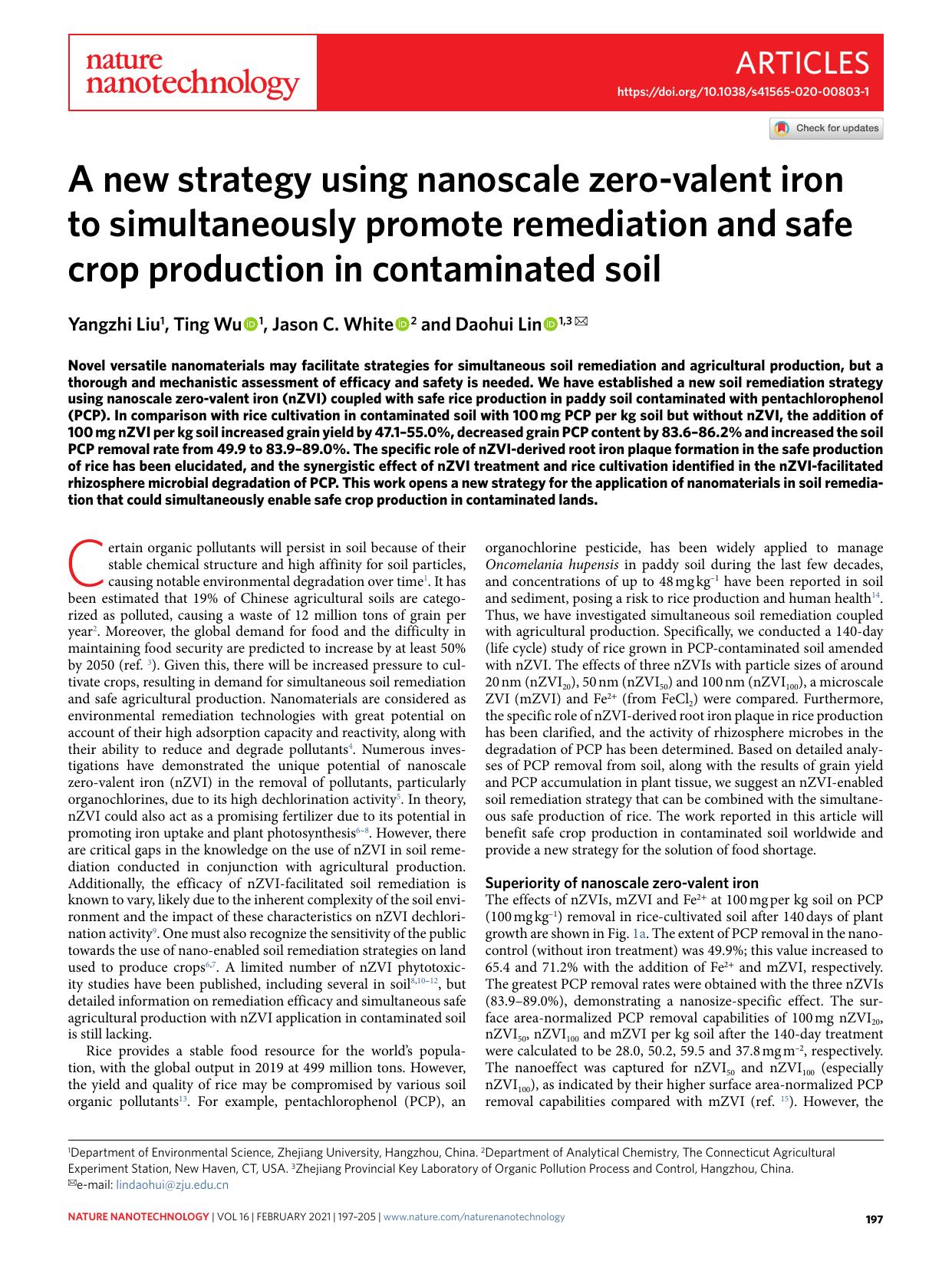 A new strategy using nanoscale zero-valent iron to simultaneously promote remediation and safe crop production in contaminated soil by Yangzhi Liu & Ting Wu & Jason C. White & Daohui Lin