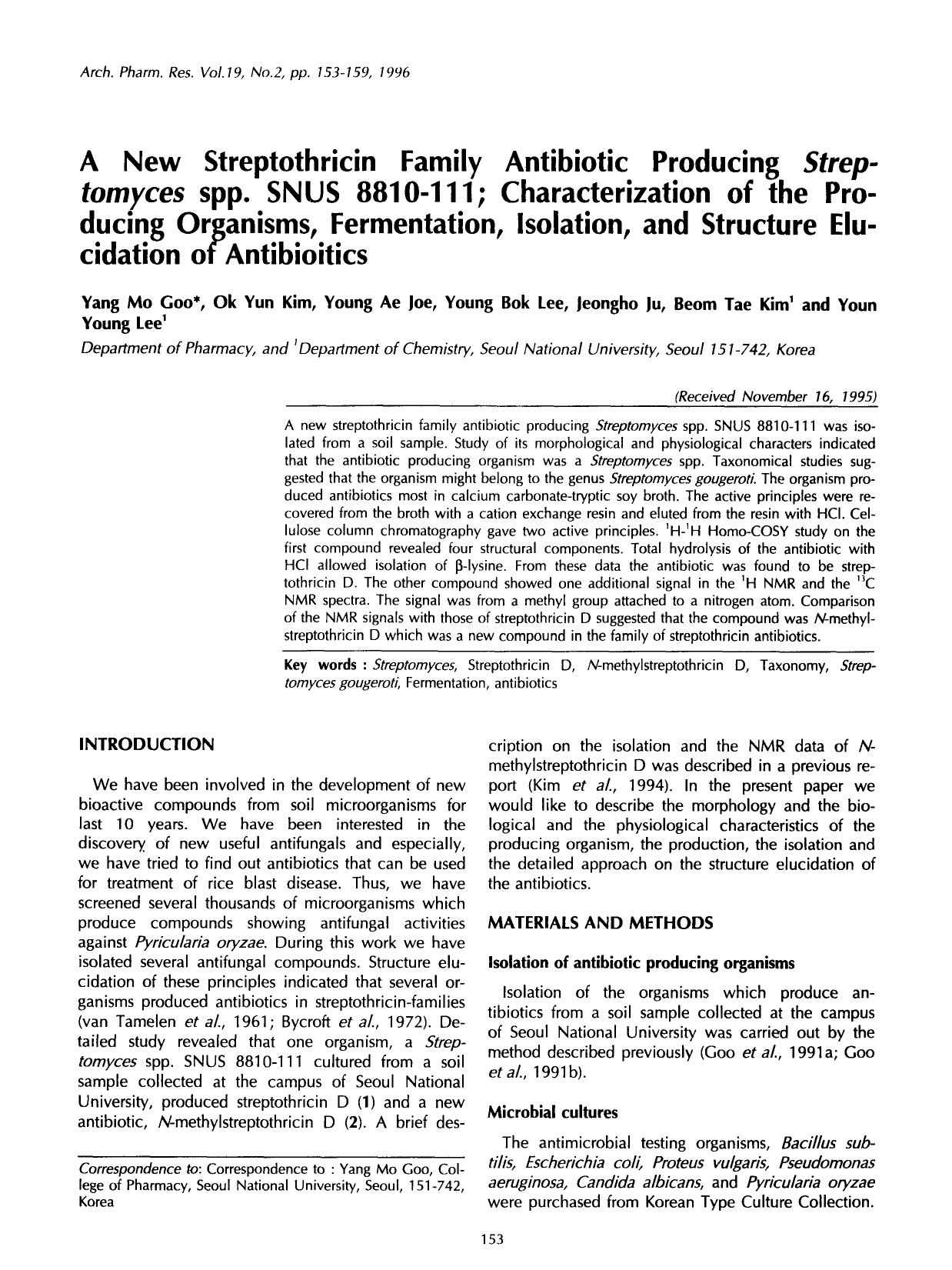 A new streptothricin family antibiotic producing <Emphasis Type="Italic">Streptomyces <Emphasis> spp. SNUS 8810-111; Characterization of the producing organisms, fermentation, isol by Unknown