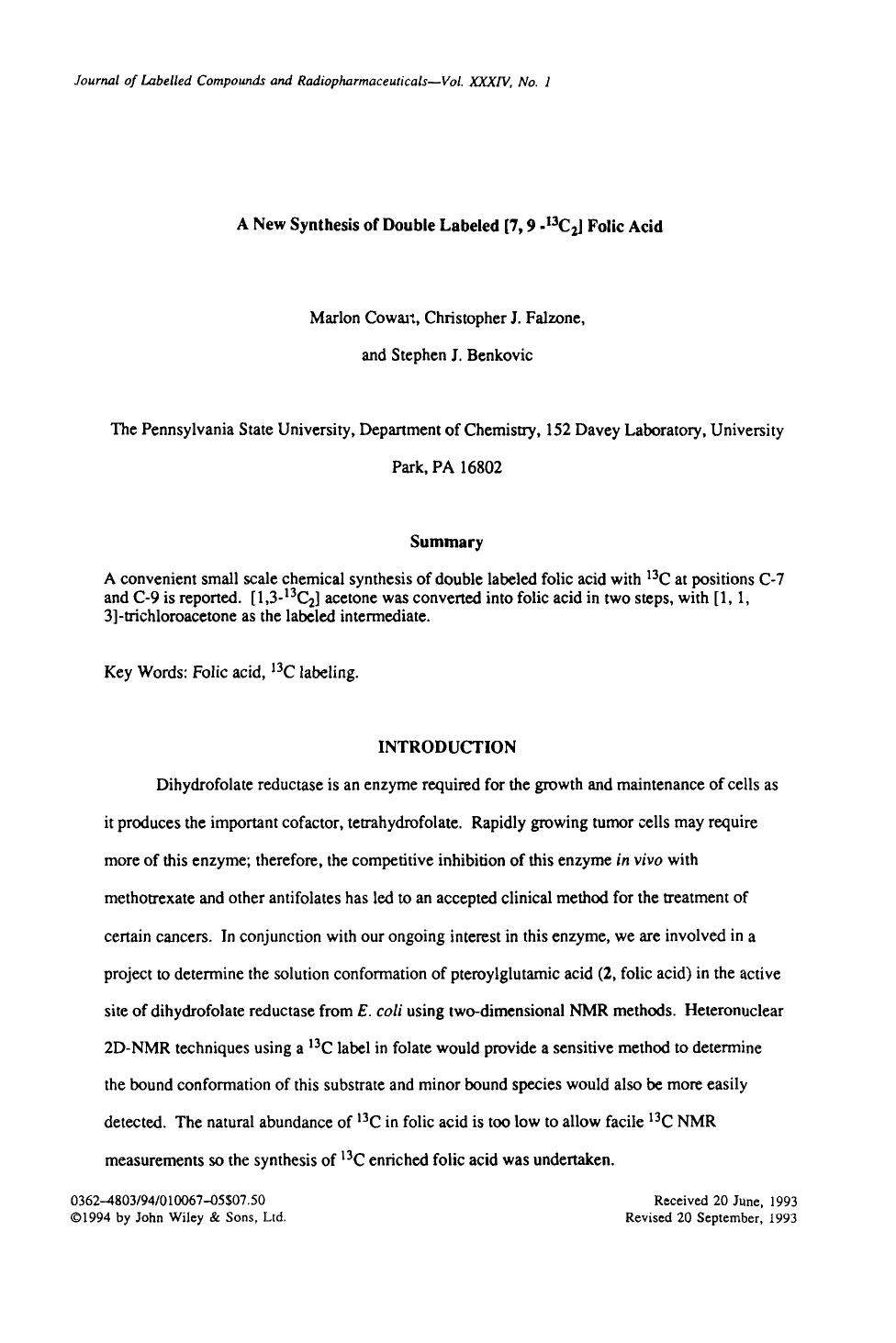 A new synthesis of double labeled [7, 9 -13C2] folic acid by Unknown