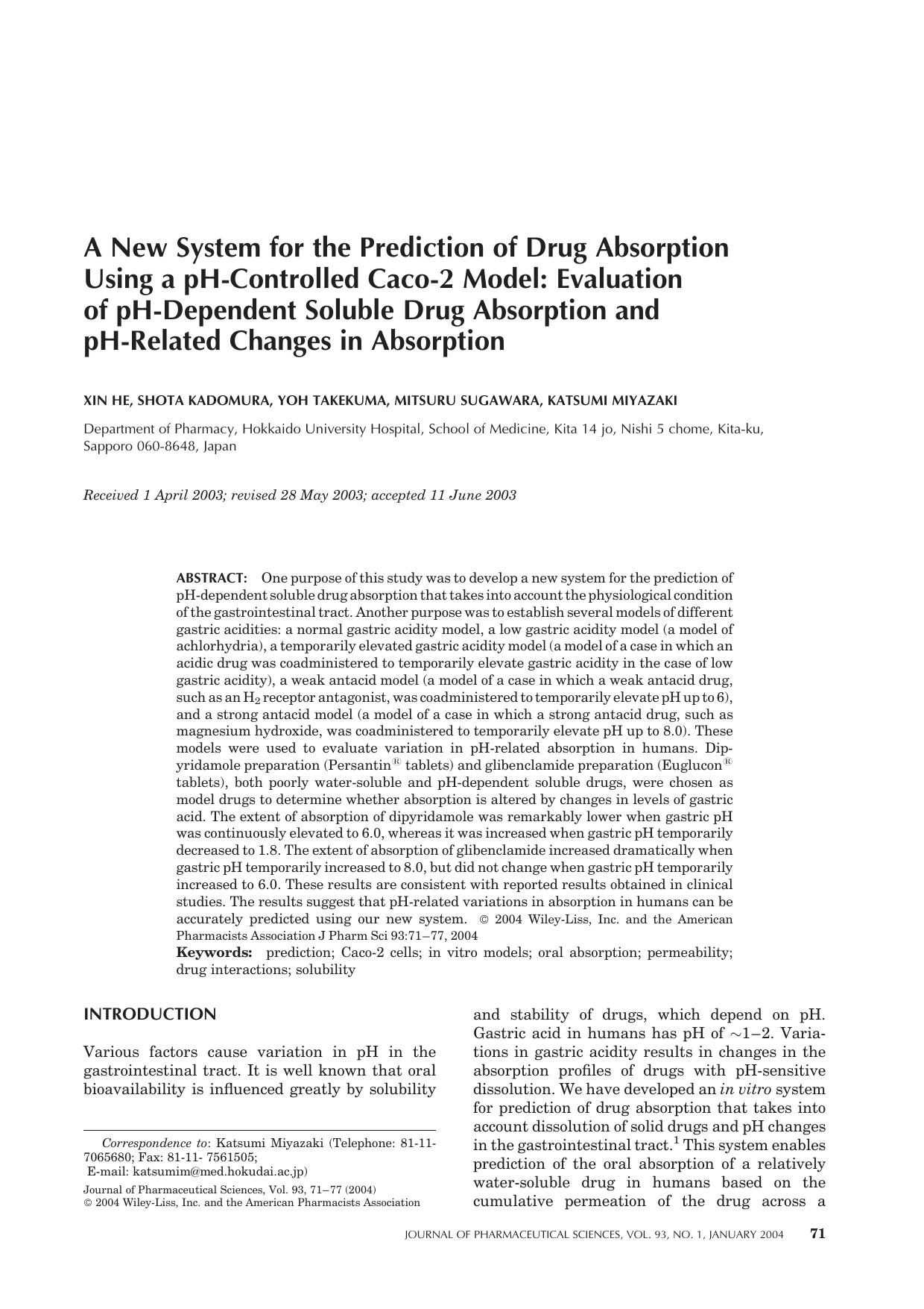 A new system for the prediction of drug absorption using a pH-controlled Caco-2 model: Evaluation of pH-dependent soluble drug absorption and pH-related changes in absorption by Unknown