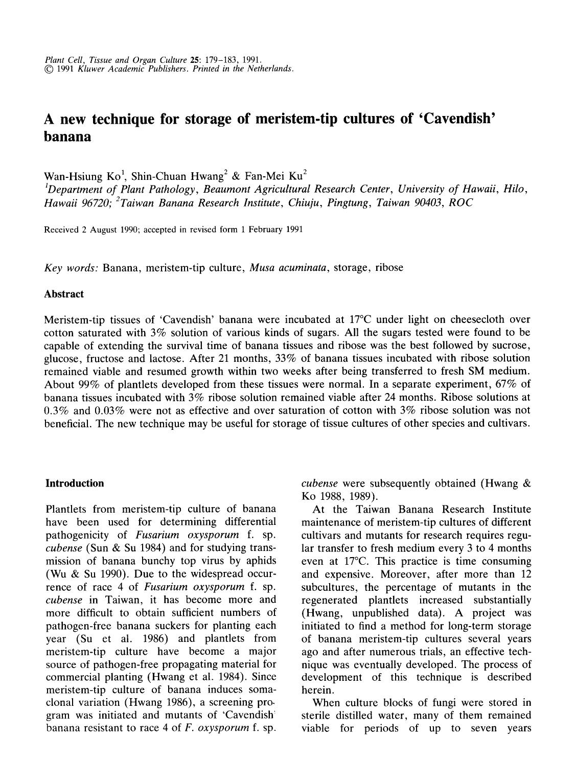 A new technique for storage of meristem-tip cultures of &#x2018;Cavendish&#x2019; banana by Unknown