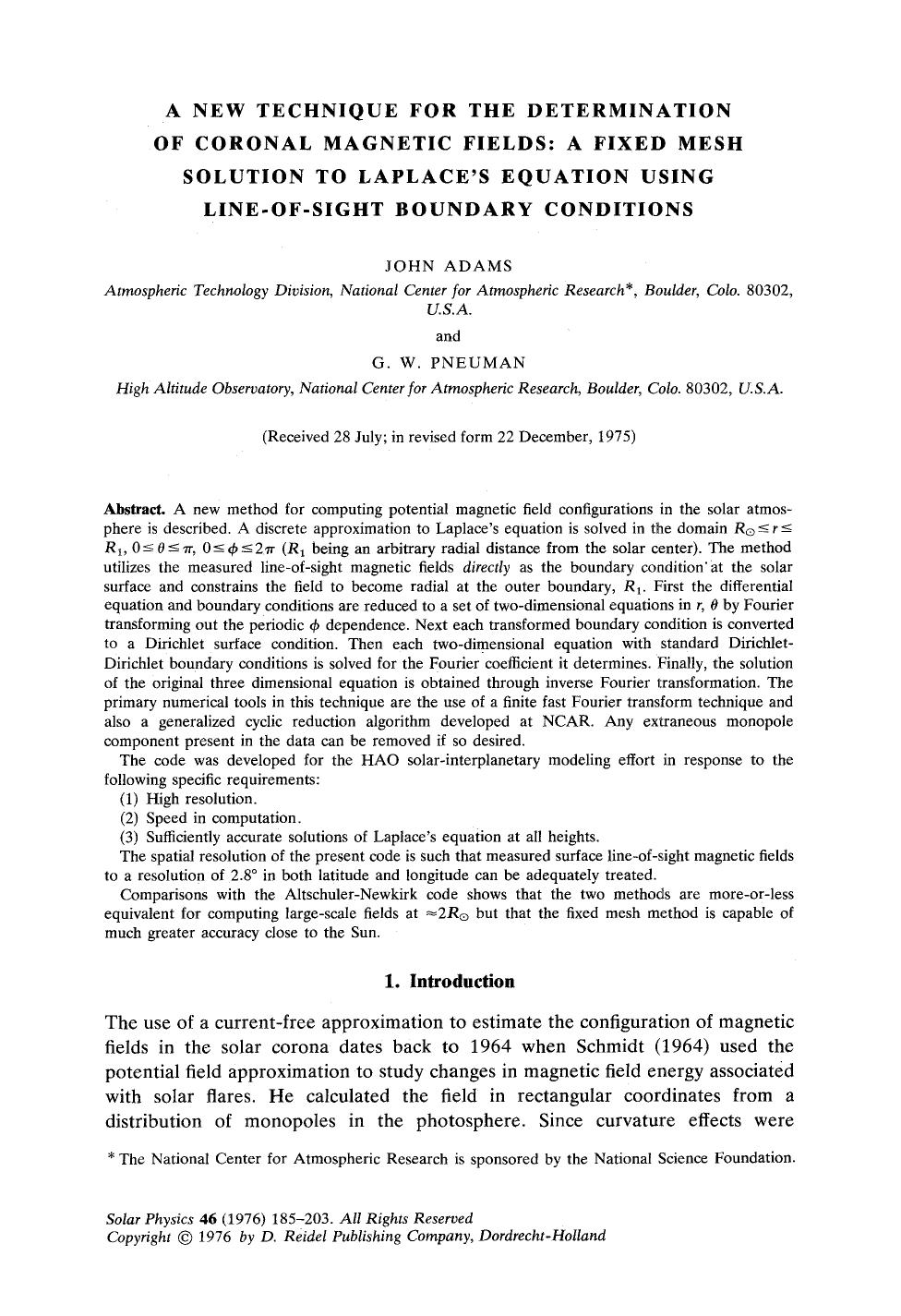 A new technique for the determination of coronal magnetic fields: A fixed mesh solution to Laplace's equation using line-of-sight boundary conditions by Unknown