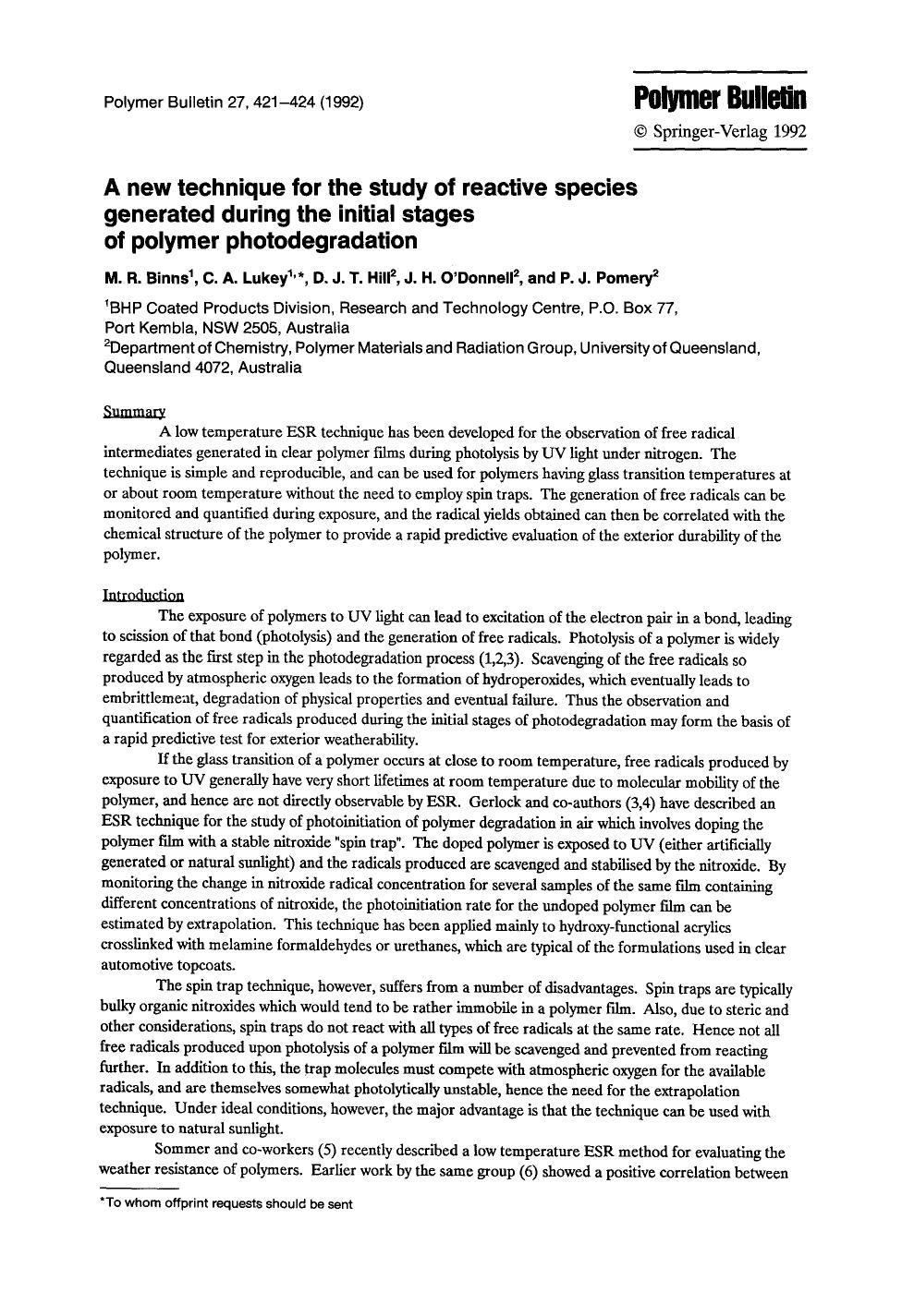 A new technique for the study of reactive species generated during the initial stages of polymer photodegradation by Unknown