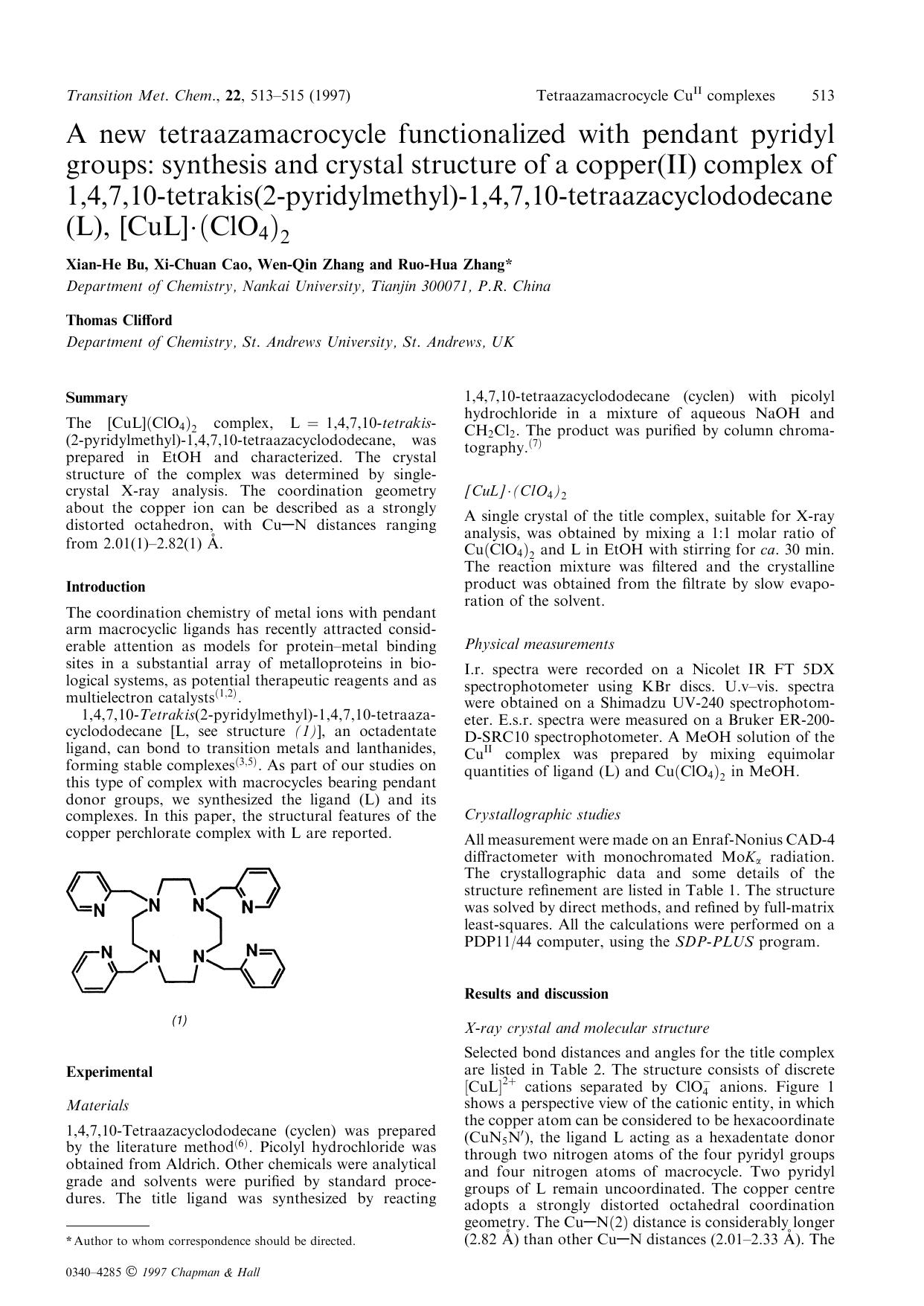 A new tetraazamacrocycle functionalized with pendant pyridyl groups: synthesis and crystal structure of a copper(II) complex of 1,4,7,10-tetrakis(2-pyridylmethyl)-1,4,7,10-tetraaza by Unknown