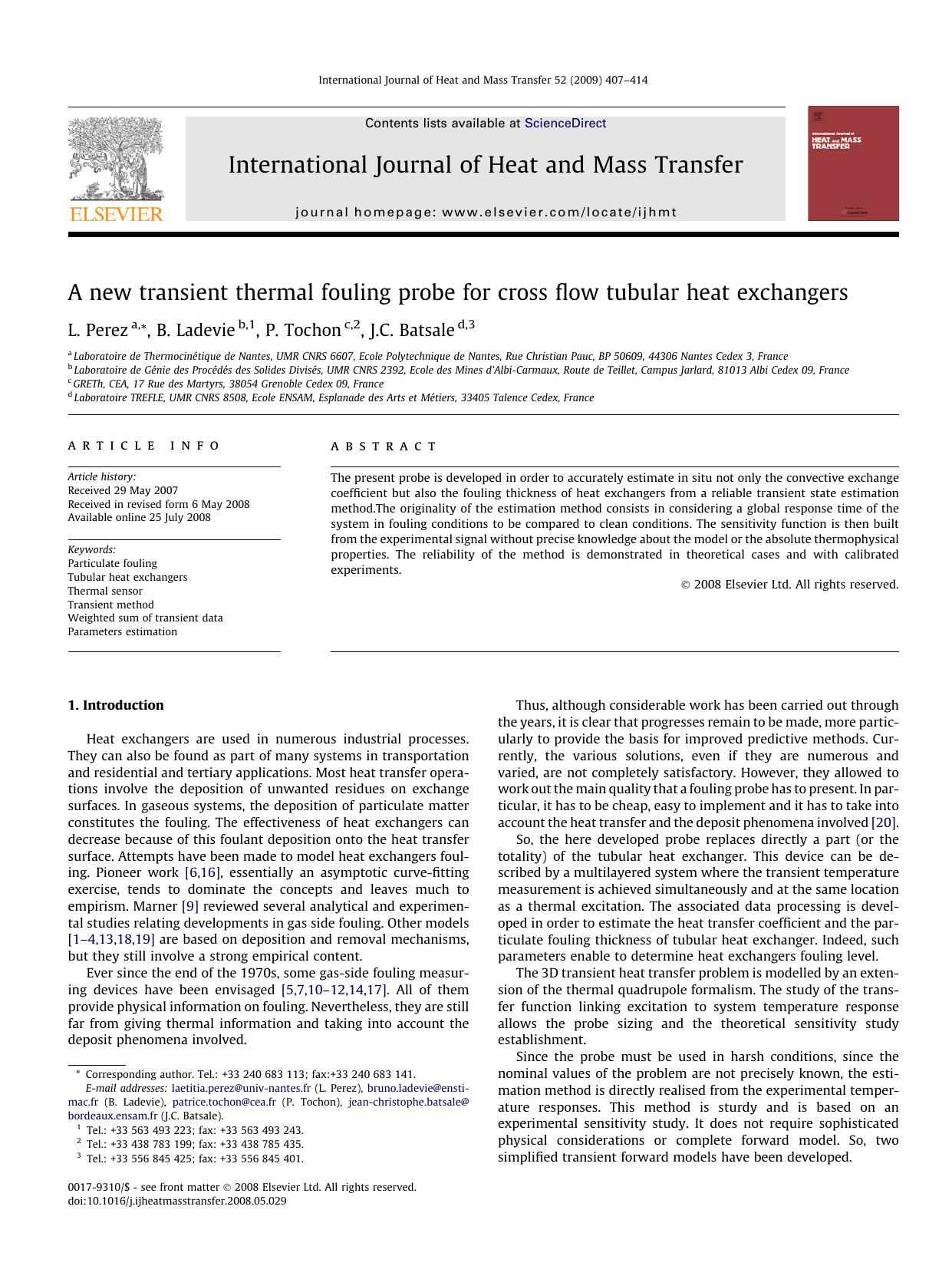 A new transient thermal fouling probe for cross flow tubular heat exchangers by L. Perez; B. Ladevie; P. Tochon; J.C. Batsale