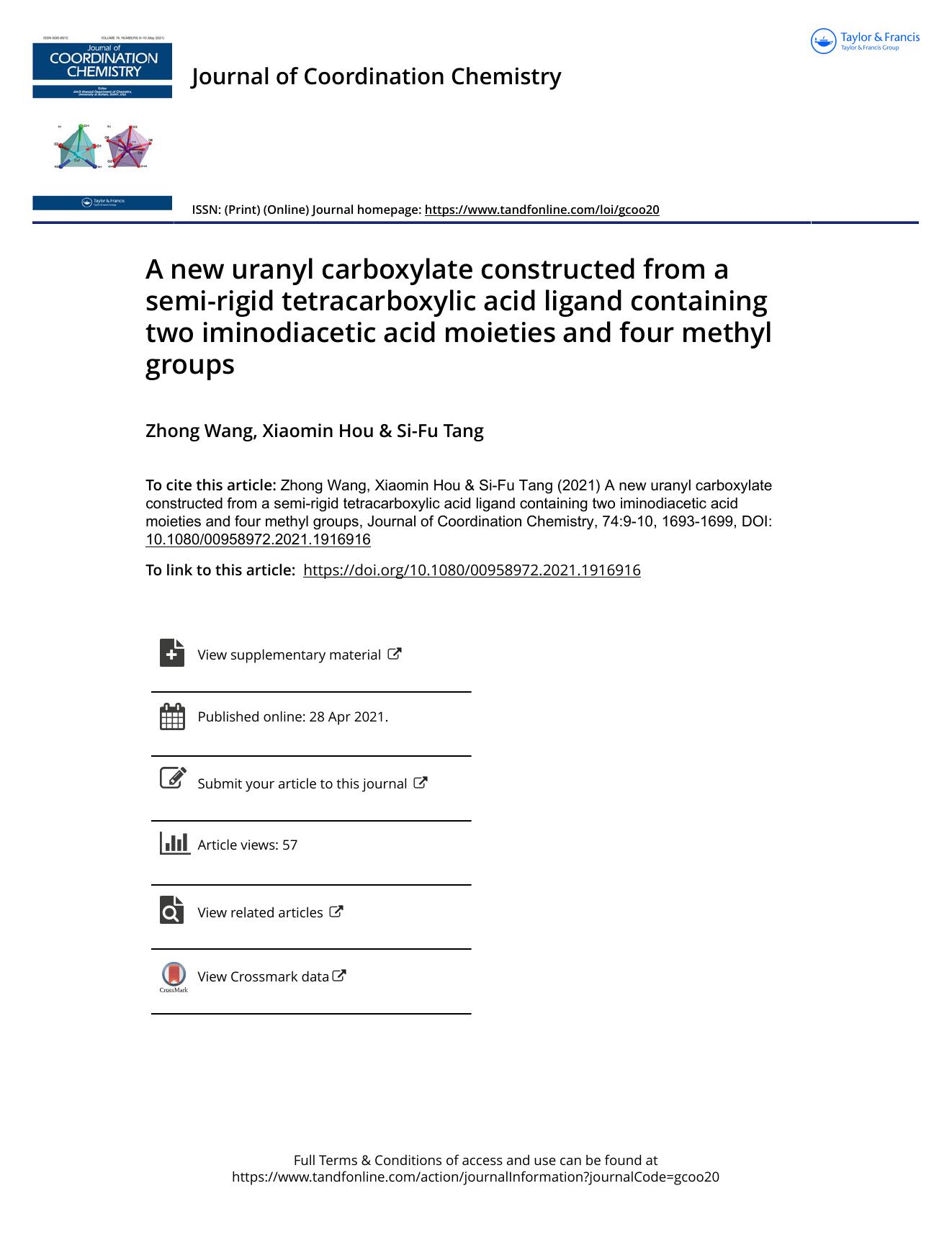 A new uranyl carboxylate constructed from a semi-rigid tetracarboxylic acid ligand containing two iminodiacetic acid moieties and four methyl groups by Wang Zhong & Hou Xiaomin & Tang Si-Fu