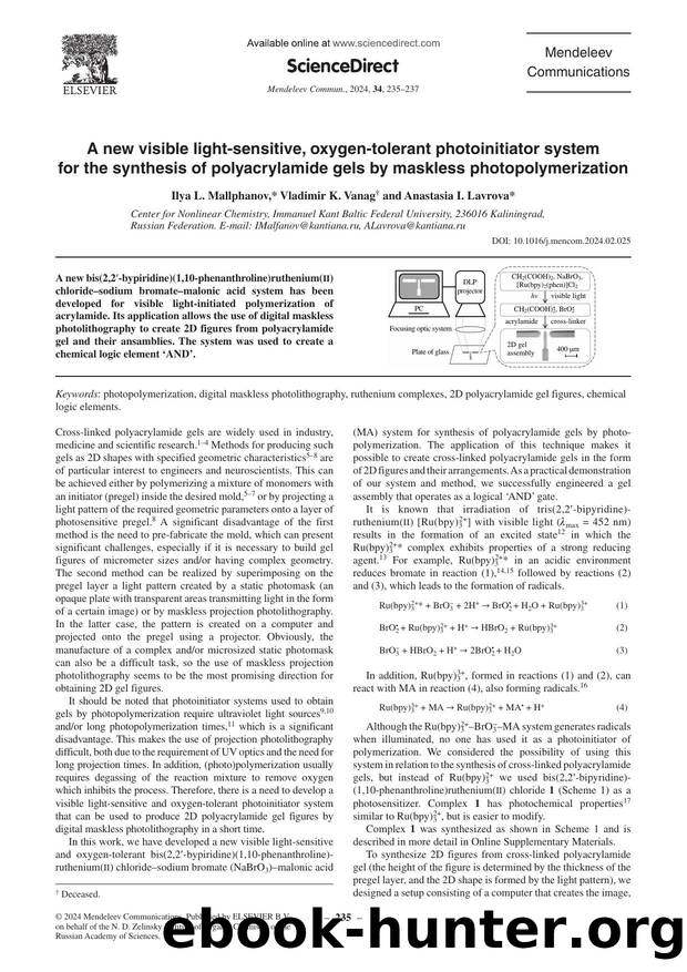 A new visible light-sensitive, oxygen-tolerant photoinitiator system for the synthesis of polyacrylamide gels by maskless photopolymerization by Ilya L. Mallphanov & Vladimir K. Vanag & Anastasia I. Lavrova