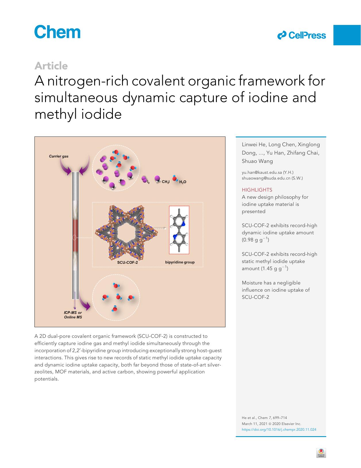 A nitrogen-rich covalent organic framework for simultaneous dynamic capture of iodine and methyl iodide by unknow