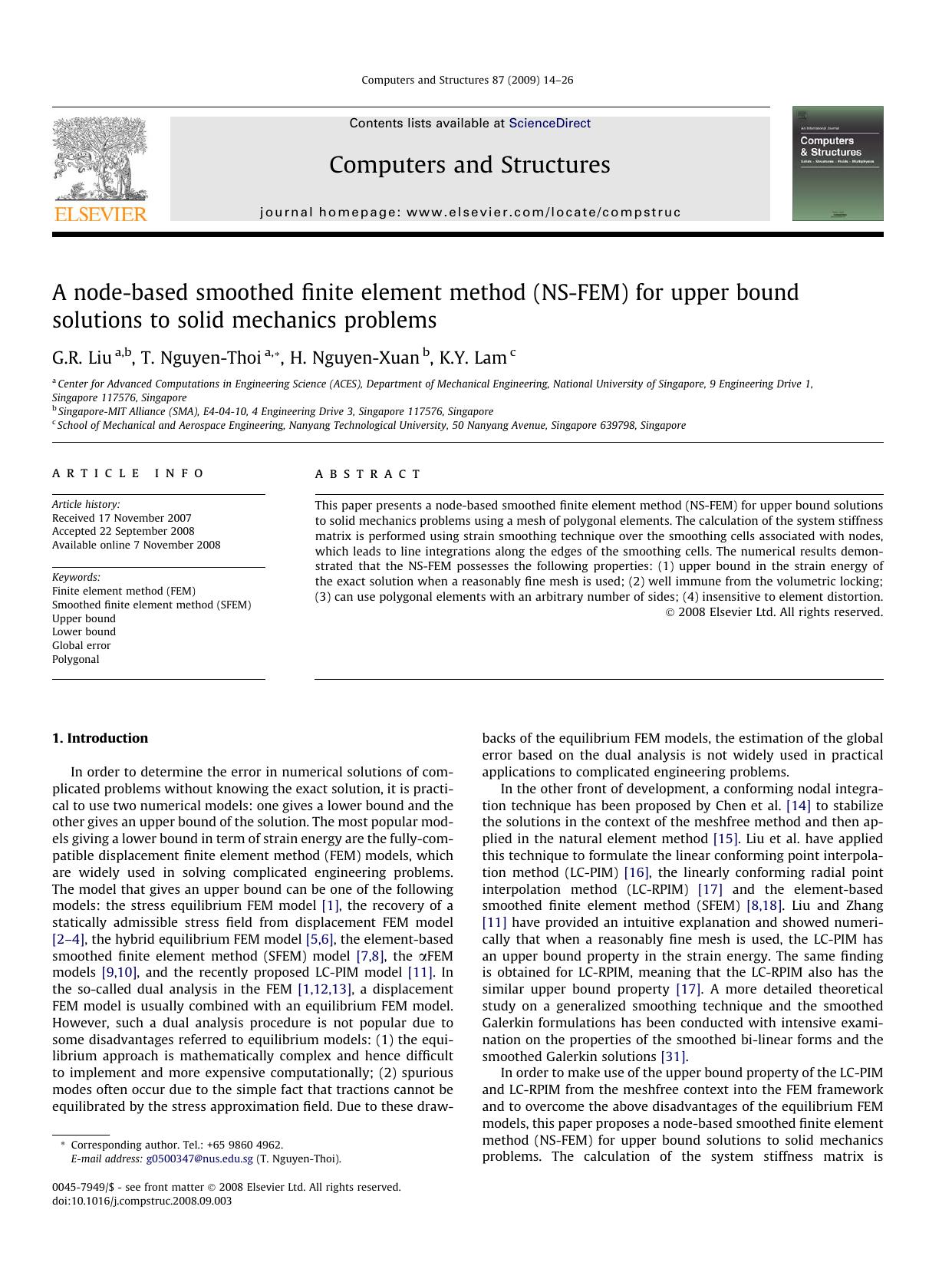 A node-based smoothed finite element method (NS-FEM) for upper bound solutions to solid mechanics problems by G.R. Liu; T. Nguyen-Thoi; H. Nguyen-Xuan; K.Y. Lam