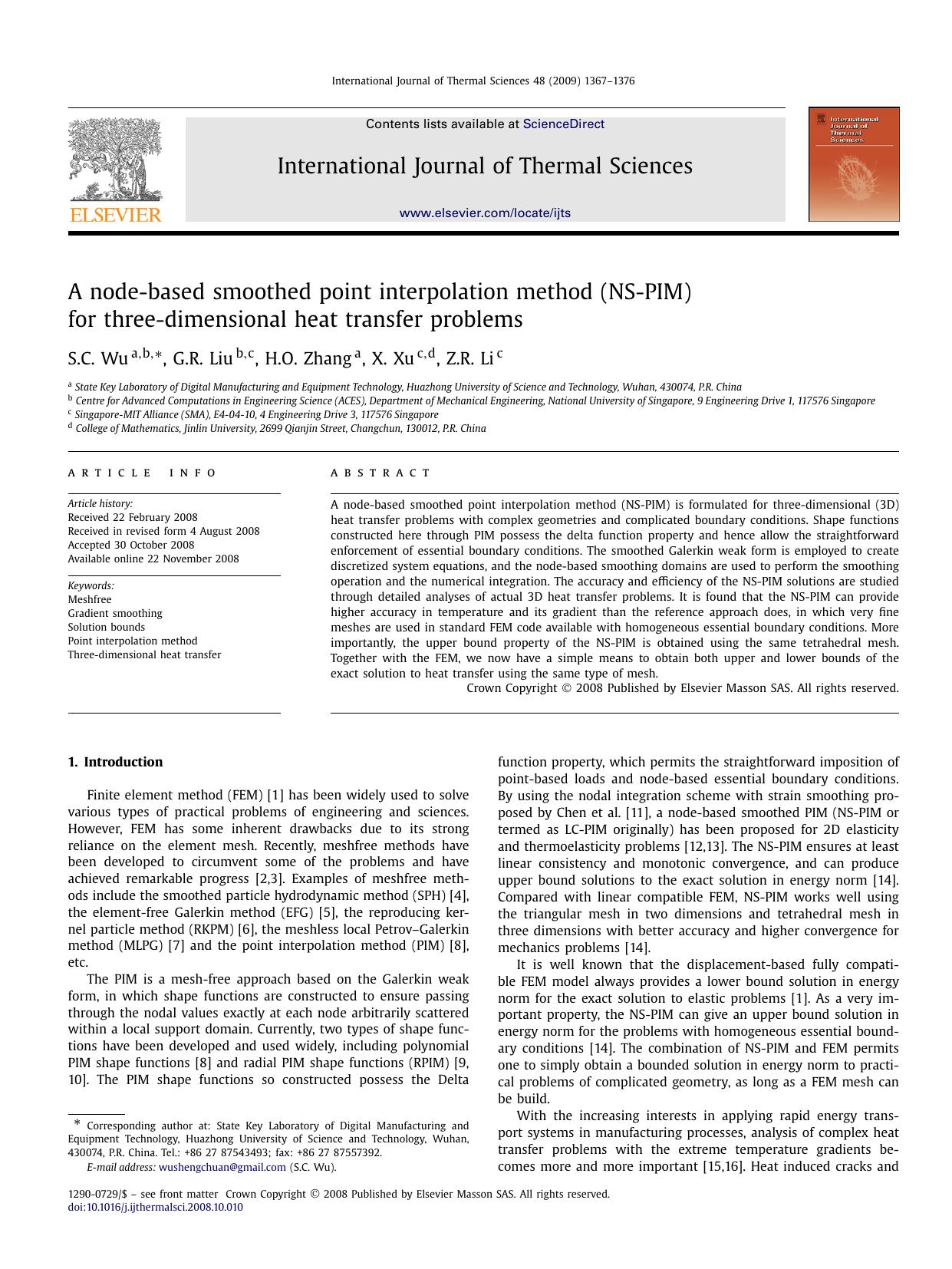 A node-based smoothed point interpolation method (NS-PIM) for three-dimensional heat transfer problems by S.C. Wu; G.R. Liu; H.O. Zhang; X. Xu; Z.R. Li
