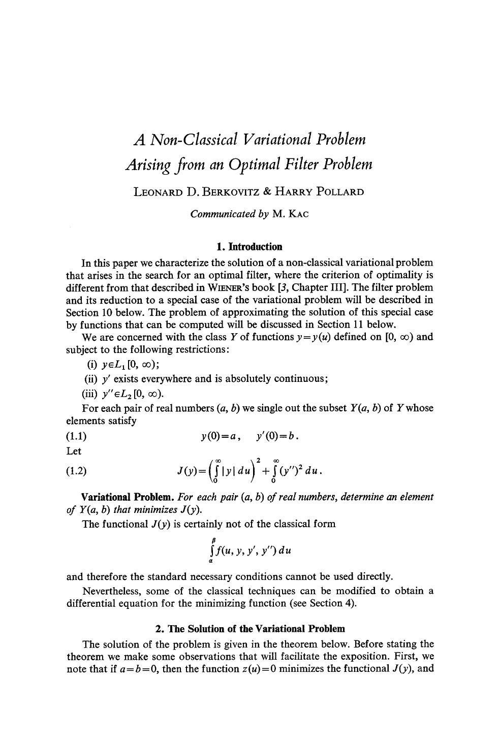 A non-classical variational problem arising from an optimal filter problem by Unknown