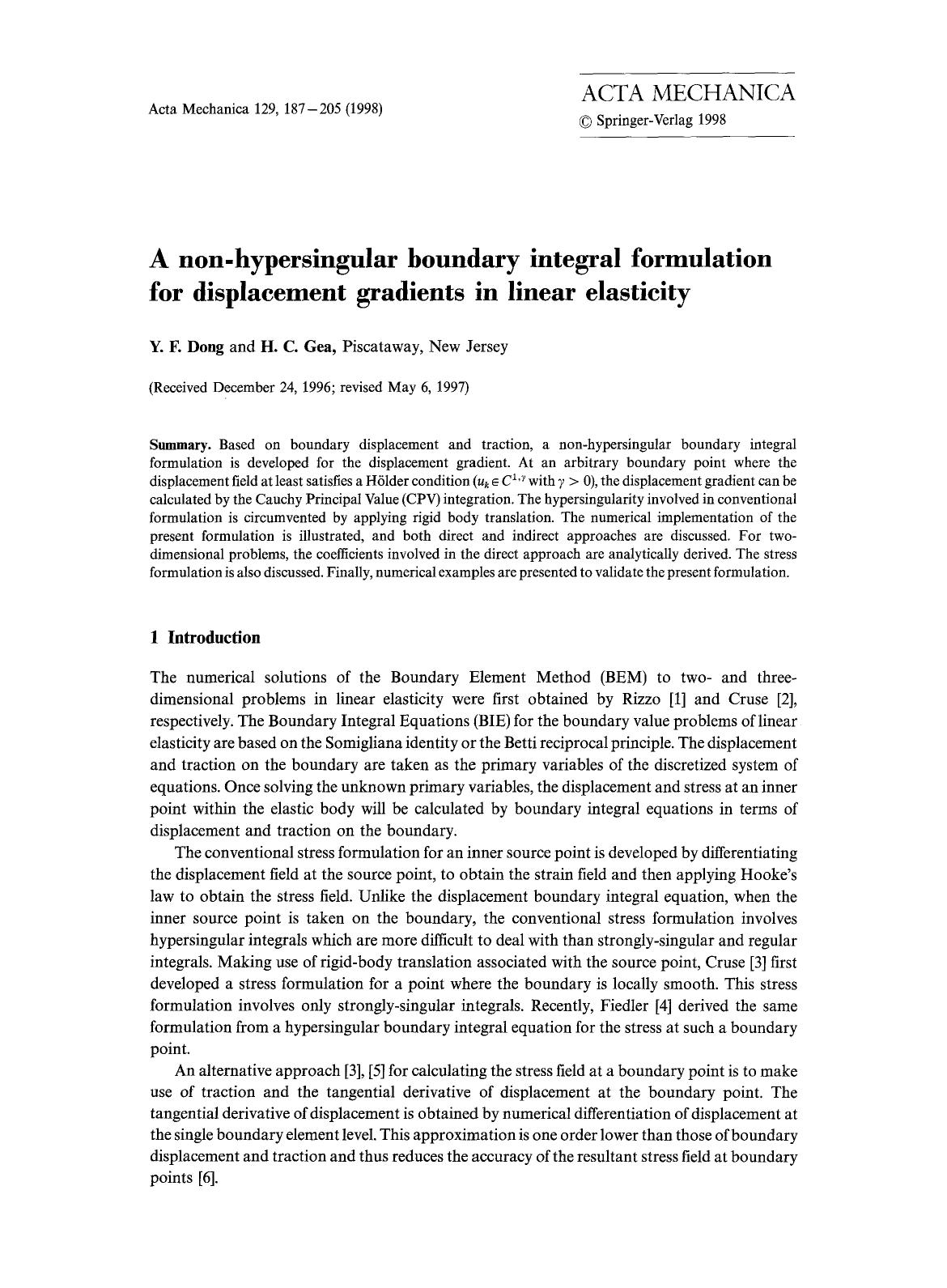 A non-hypersingular boundary integral formulation for displacement gradients in linear elasticity by Unknown