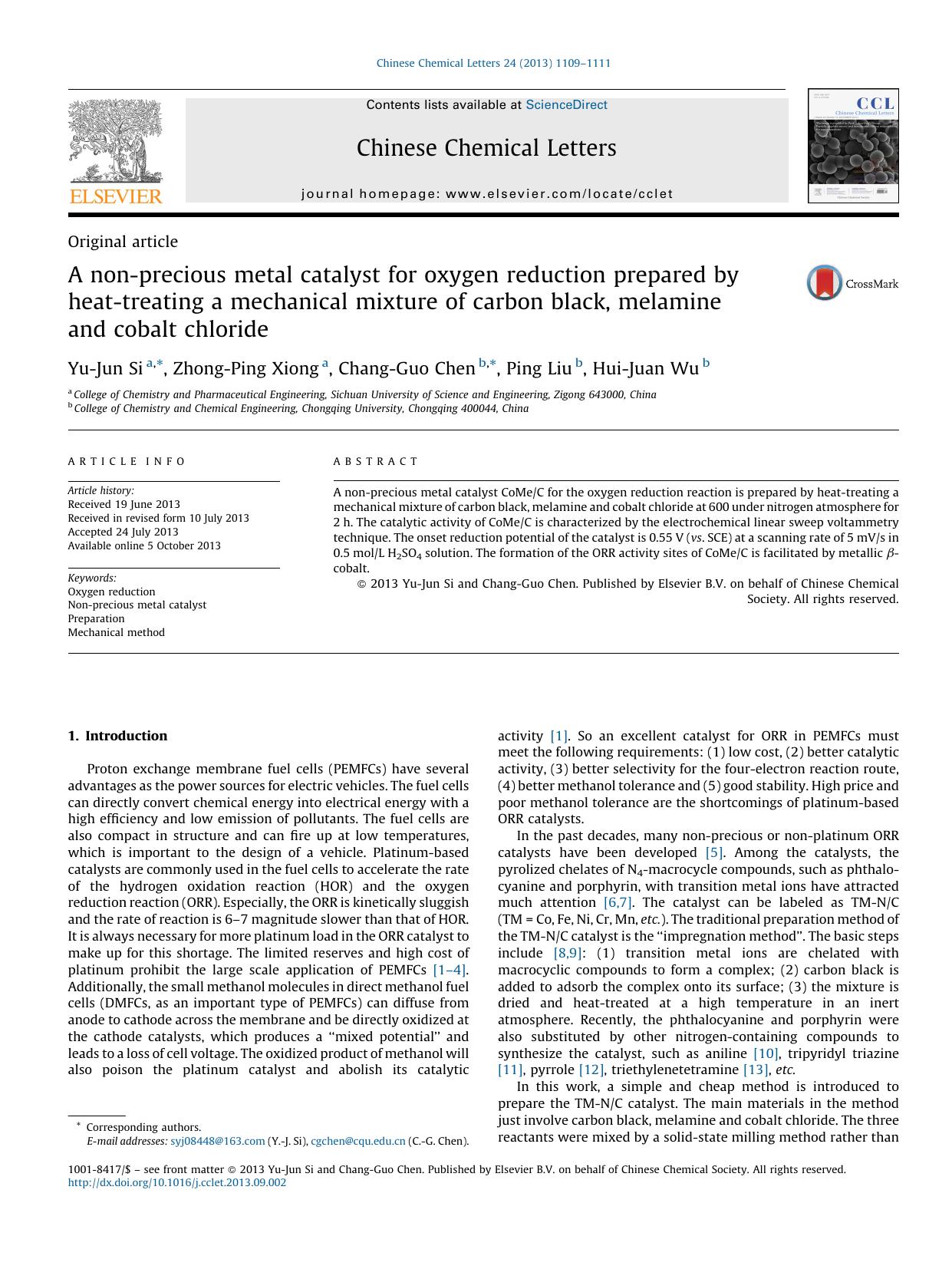 A non-precious metal catalyst for oxygen reduction prepared by heat-treating a mechanical mixture of carbon black, melamine and cobalt chloride by Yu-Jun Si & Zhong-Ping Xiong & Chang-Guo Chen & Ping Liu & Hui-Juan Wu