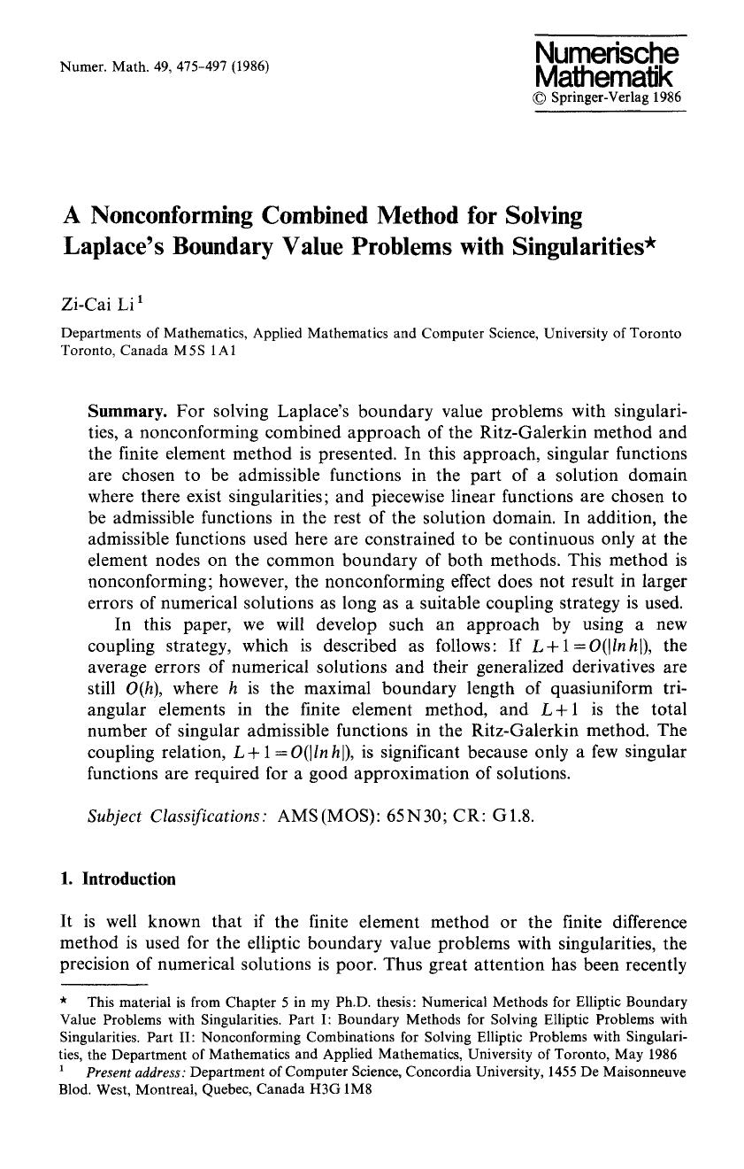 A nonconforming combined method for solving Laplace's boundary value problems with singularities by Unknown