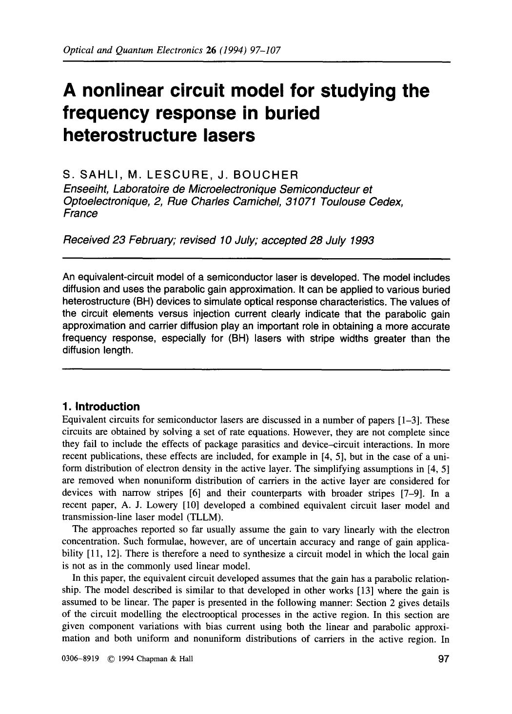 A nonlinear circuit model for studying the frequency response in buried heterostructure lasers by Unknown