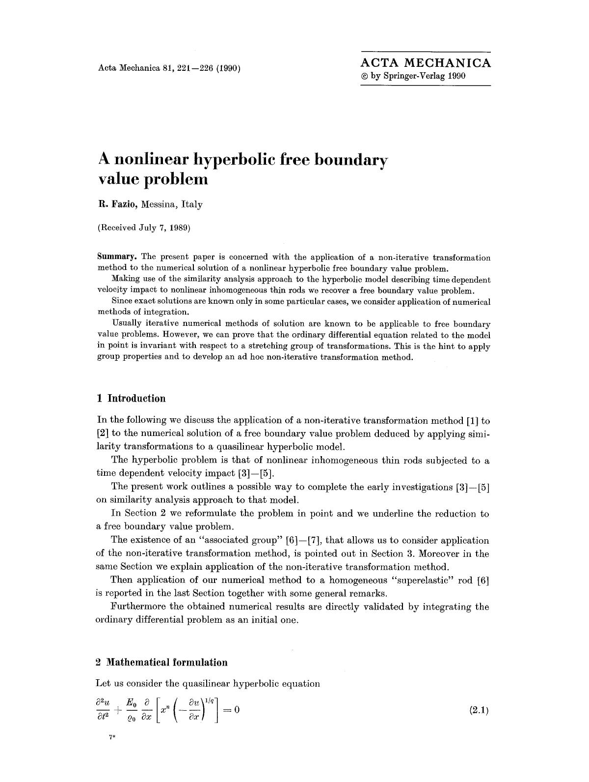 A nonlinear hyperbolic free boundary value problem by Unknown