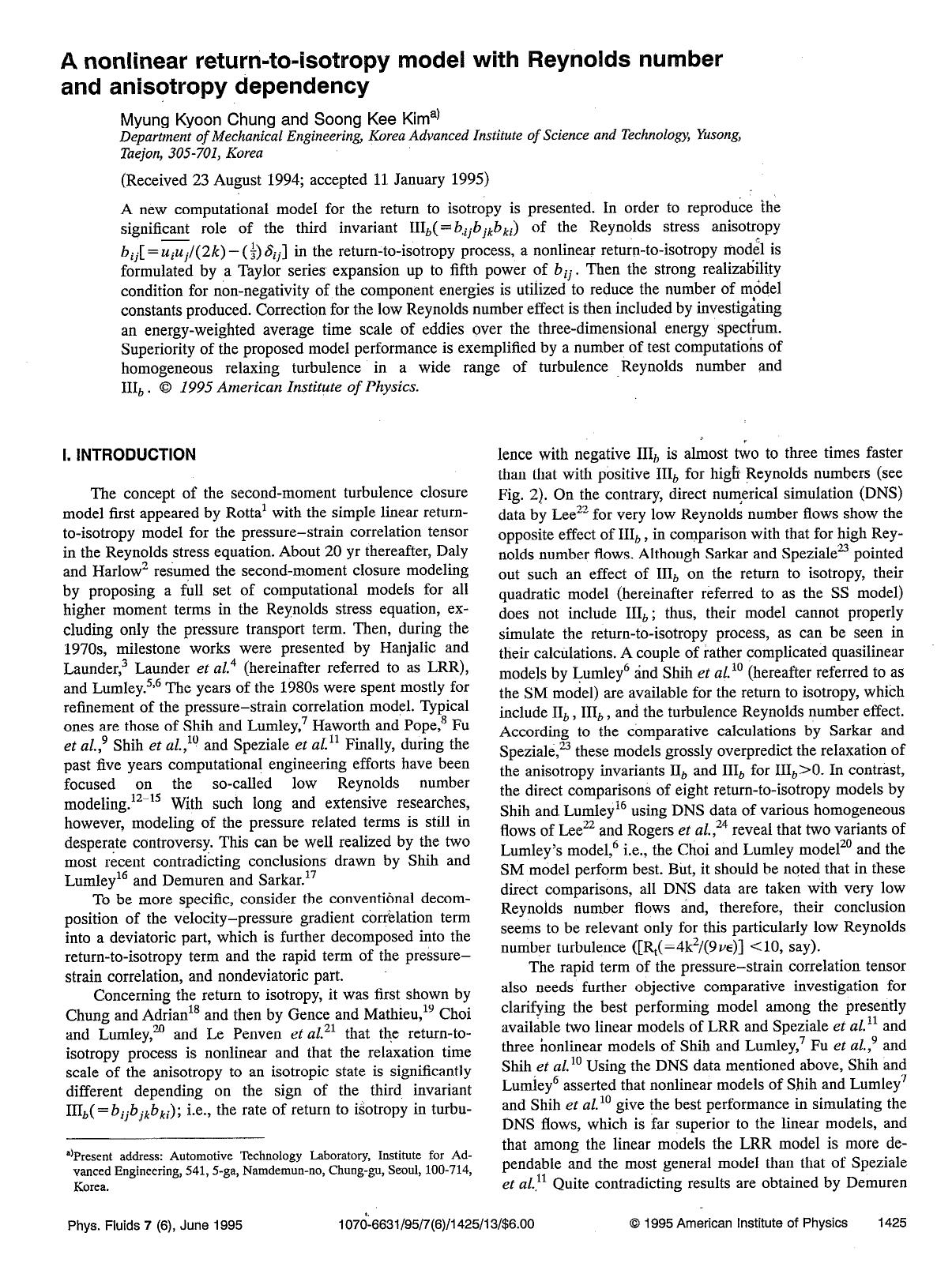 A nonlinear return-to-isotropy model with Reynolds number and anisotropy dependency by Myung Kyoon Chung; Soong Kee Kim