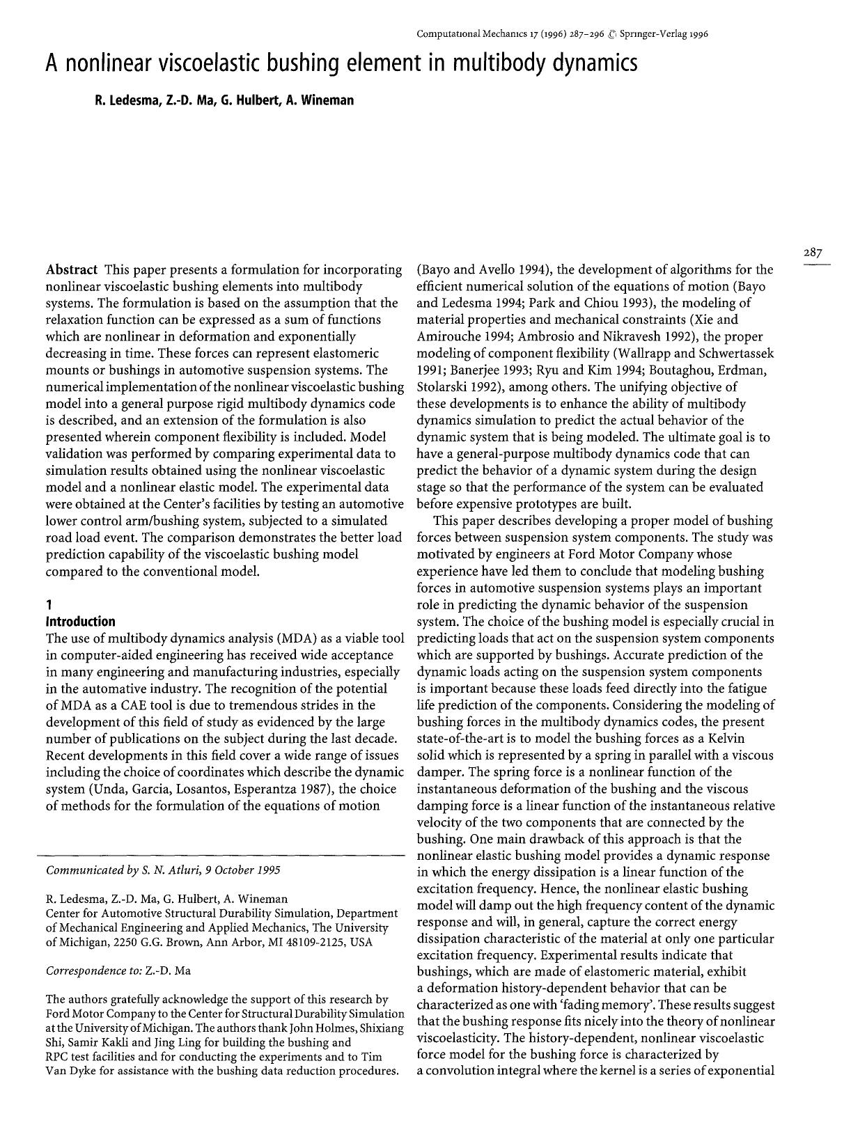 A nonlinear viscoelastic bushing element in multibody dynamics by Unknown