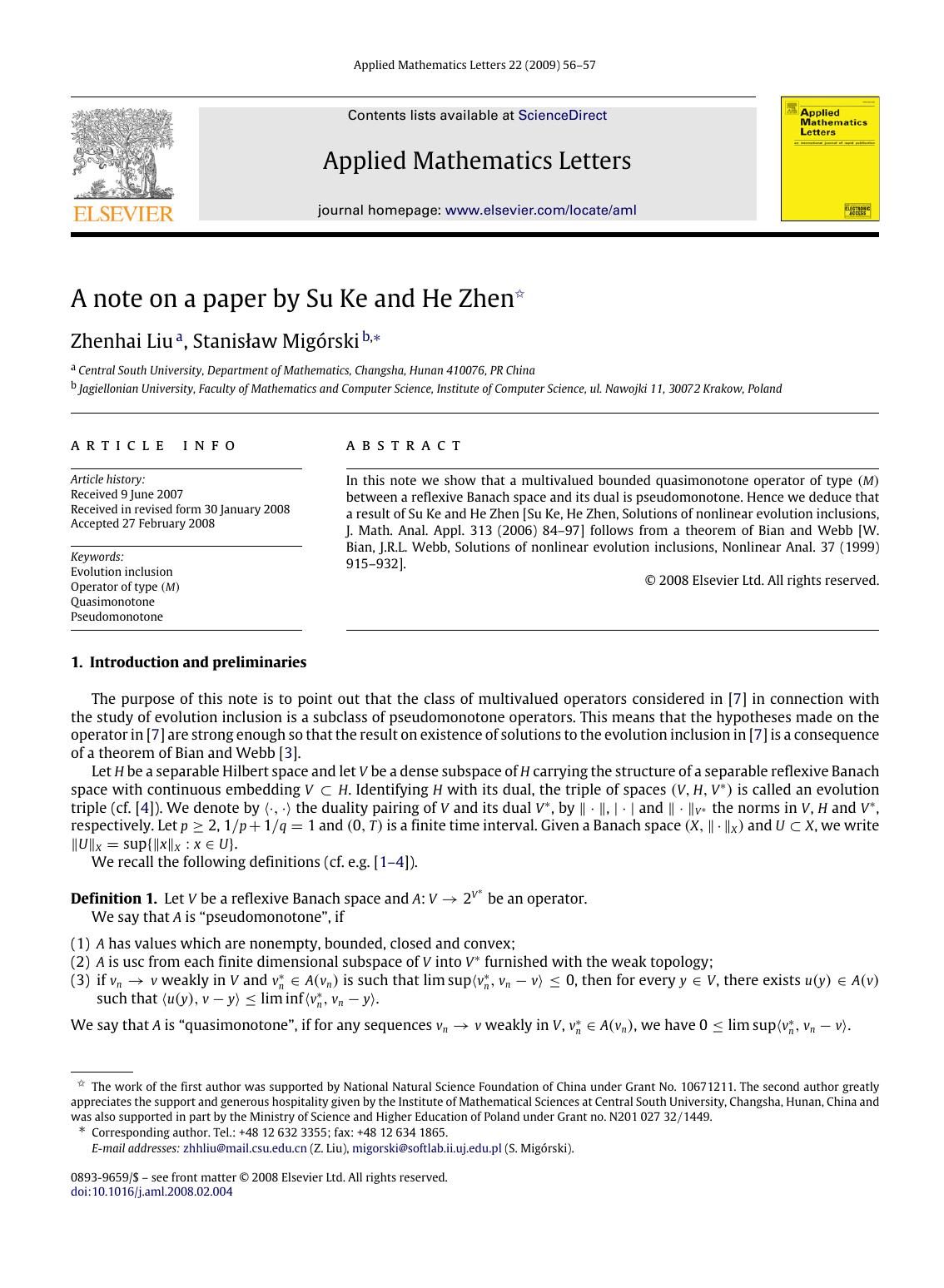 A note on a paper by Su Ke and He Zhen by Z. Liu S. Migórski