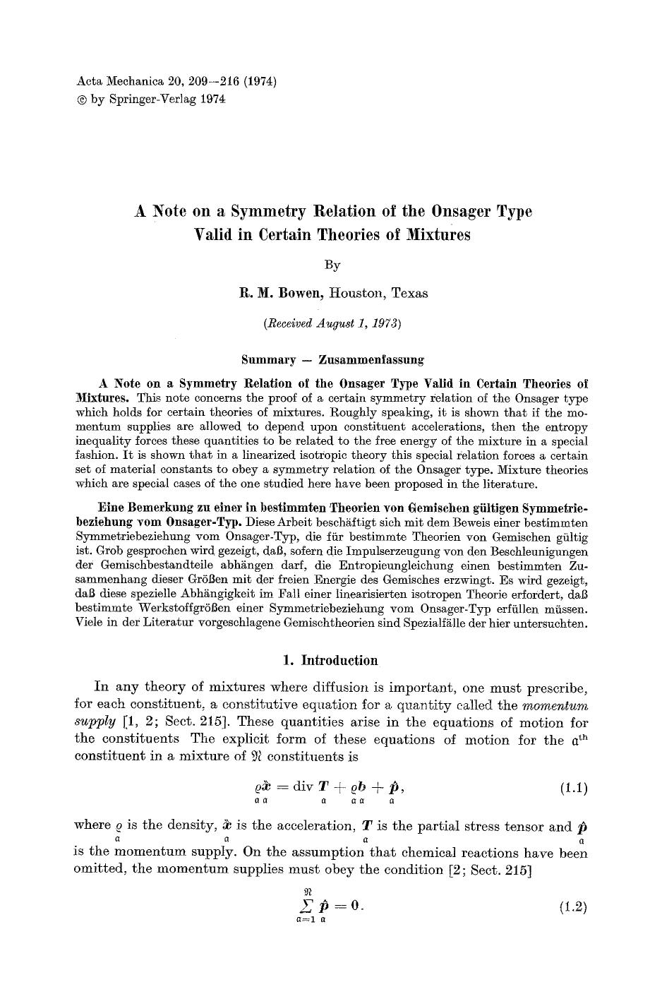 A note on a symmetry relation of the onsager type valid in certain theories of mixtures by Unknown