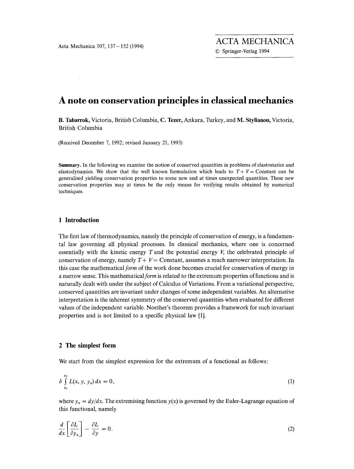 A note on conservation principles in classical mechanics by Unknown