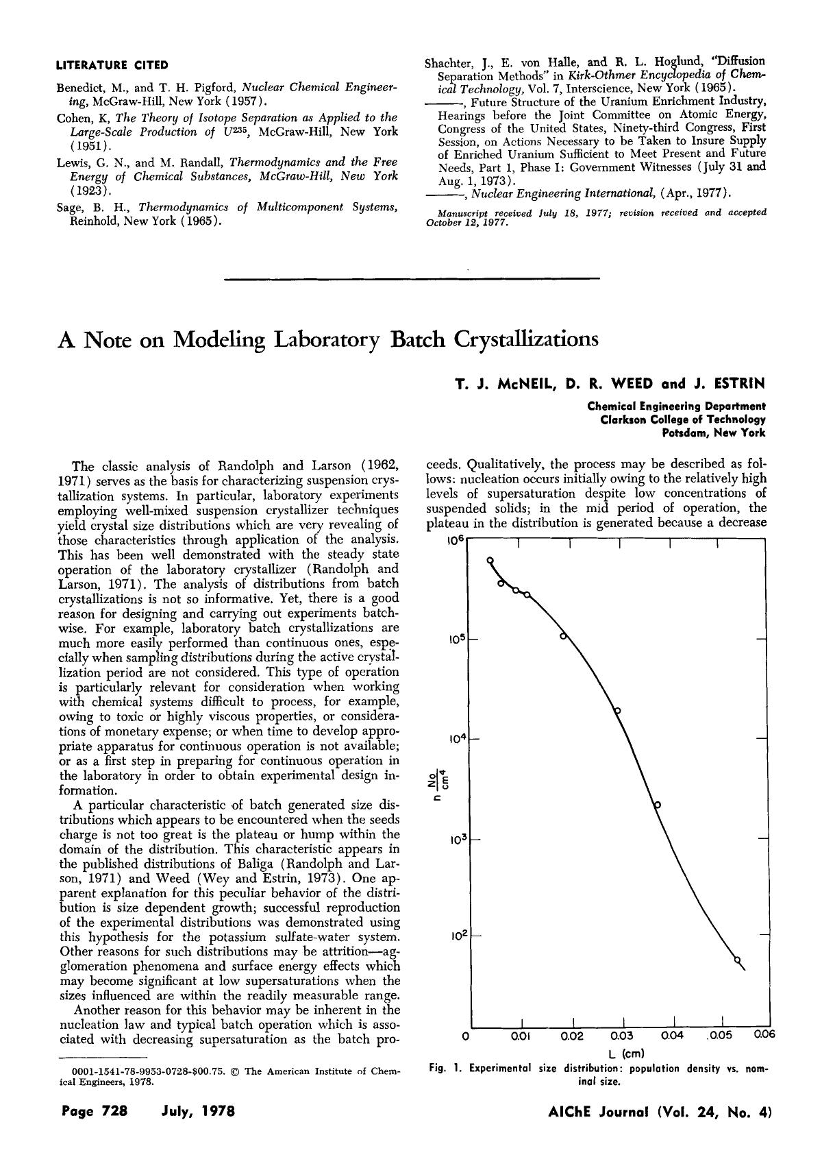 A note on modeling laboratory batch crystallizations by Unknown