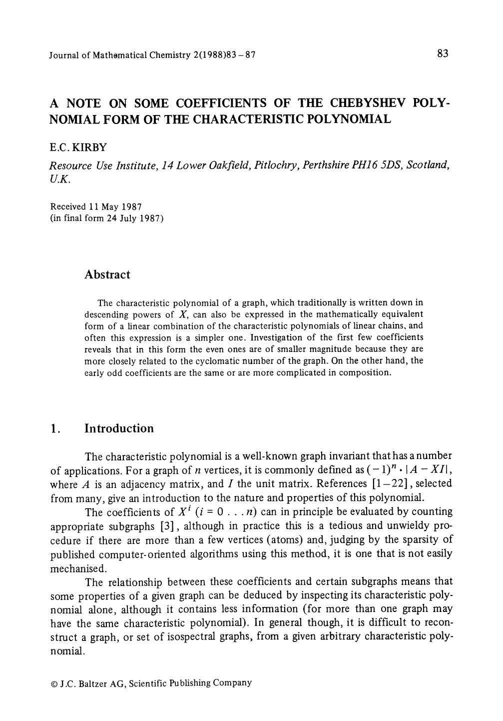 A note on some coefficients of the Chebyshev polynomial form of the characteristic polynomial by Unknown